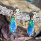 14kt Yellow Gold dangling earrings set with Opal doublets and diamonds - Masterpiece Jewellery Opal & Gems Sydney Australia | Online Shop