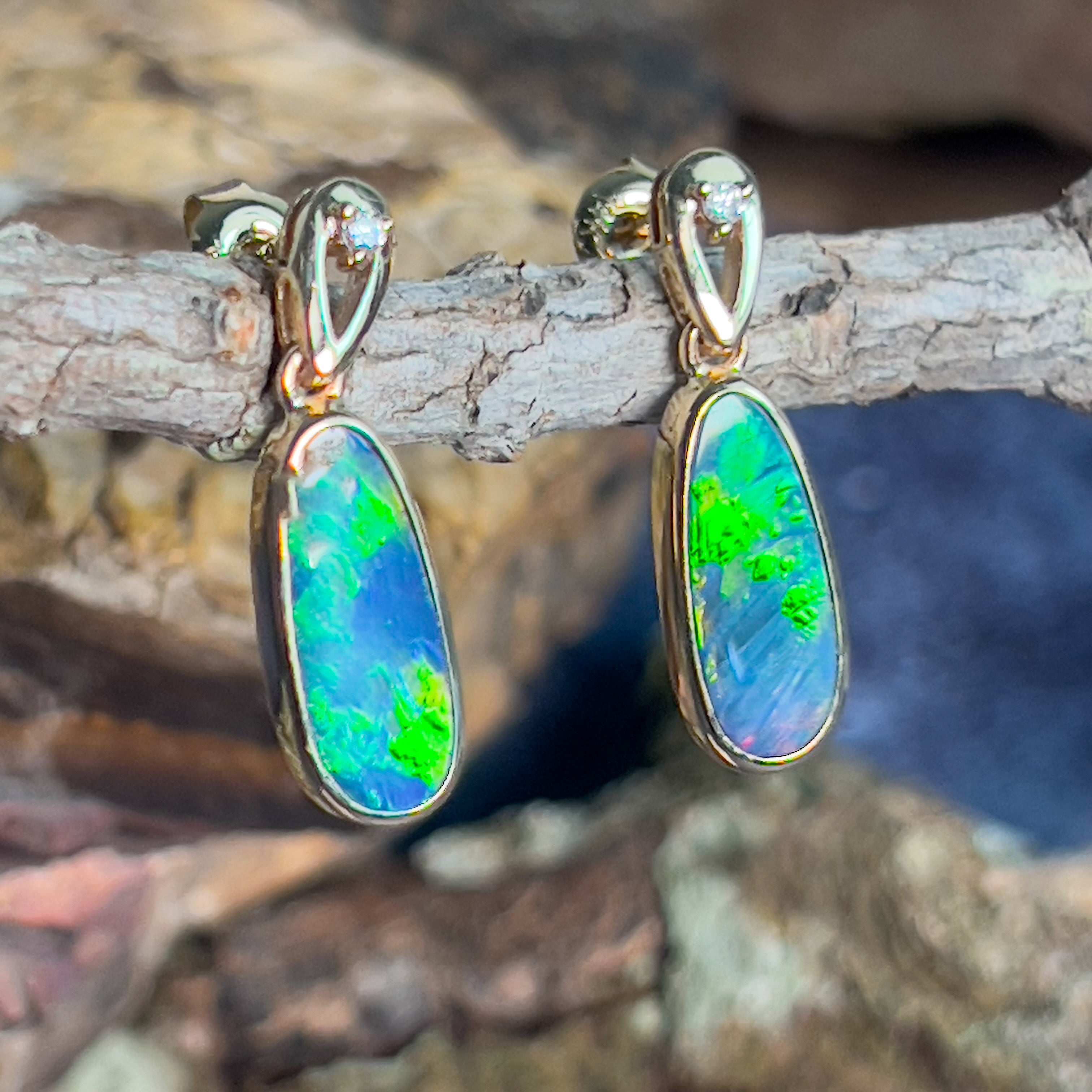 14kt Yellow Gold dangling earrings set with Opal doublets and diamonds - Masterpiece Jewellery Opal & Gems Sydney Australia | Online Shop