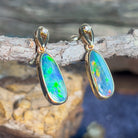 14kt Yellow Gold dangling earrings set with Opal doublets and diamonds - Masterpiece Jewellery Opal & Gems Sydney Australia | Online Shop