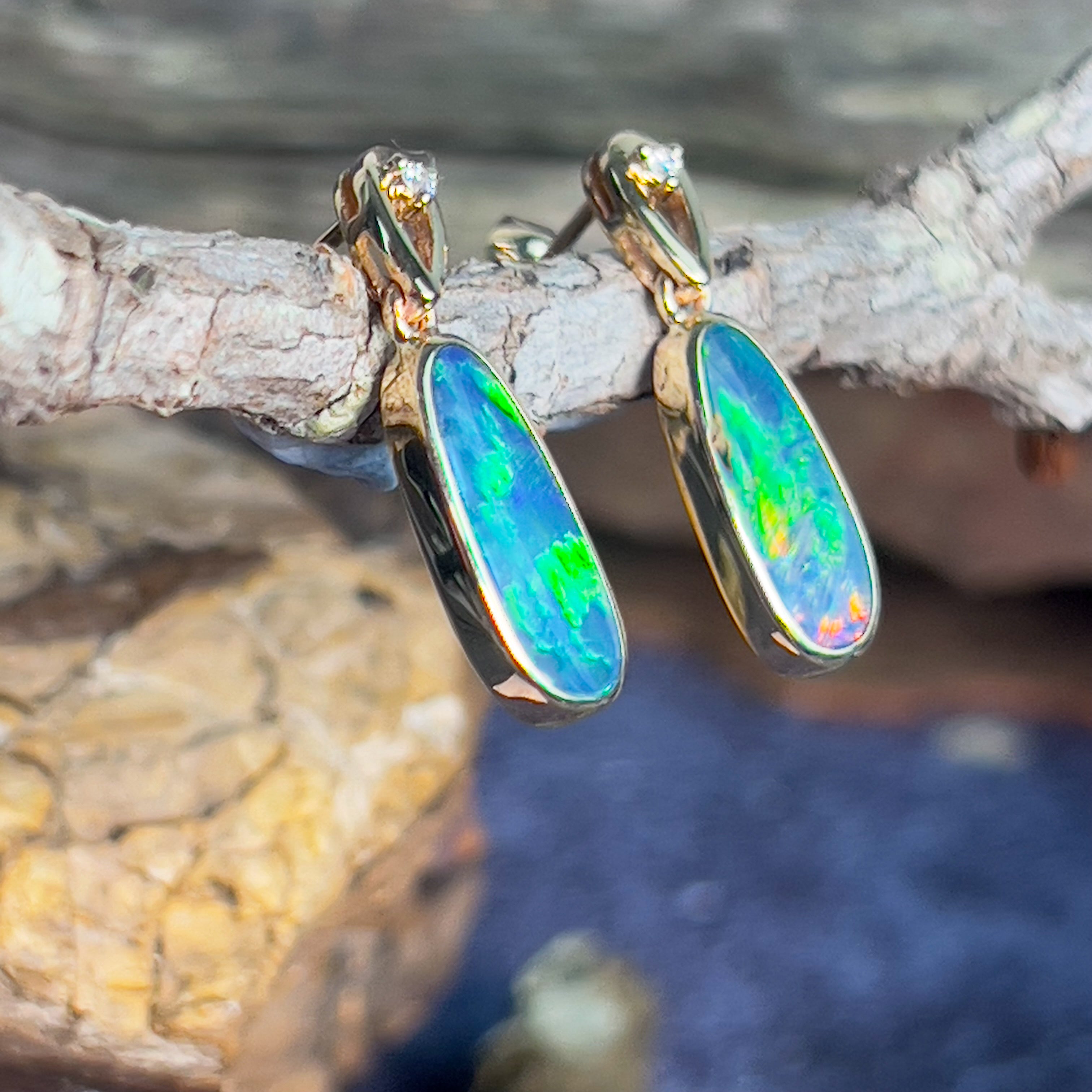 14kt Yellow Gold dangling earrings set with Opal doublets and diamonds - Masterpiece Jewellery Opal & Gems Sydney Australia | Online Shop