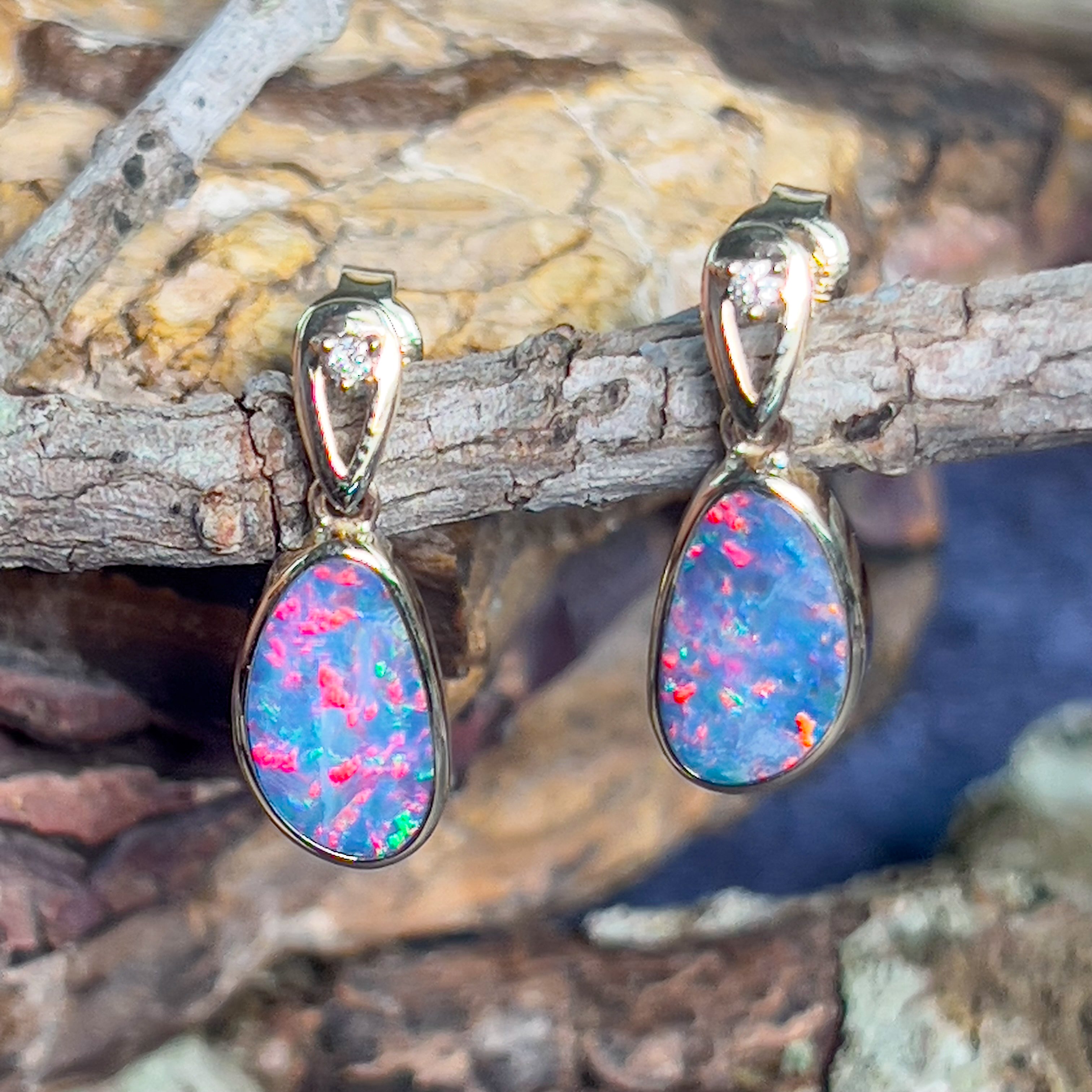 14kt Yellow Gold pair of dangling Opal doublet 3.32ct earrings - Masterpiece Jewellery Opal & Gems Sydney Australia | Online Shop