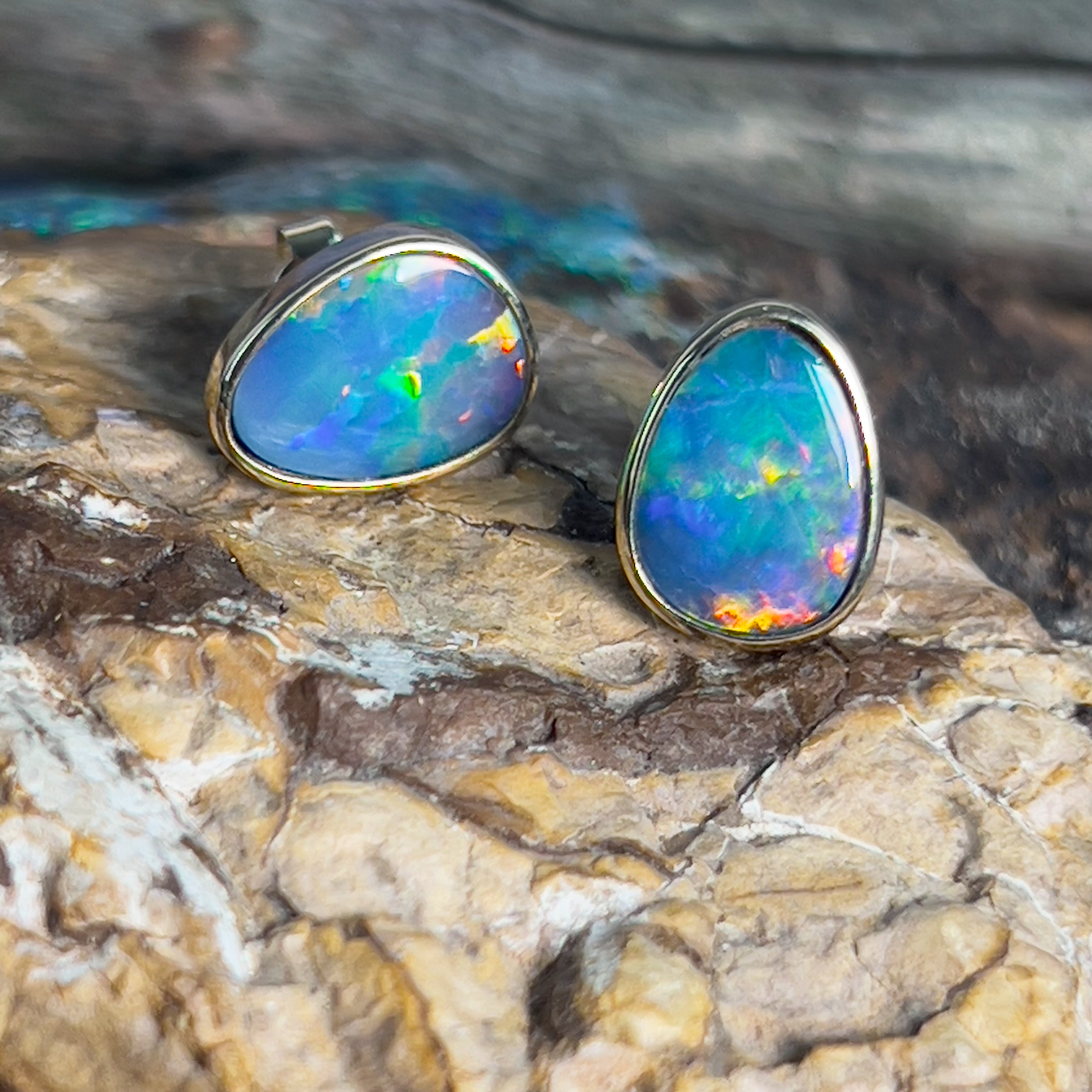 14kt Yellow Gold freeform opal doublet red studs - Masterpiece Jewellery Opal & Gems Sydney Australia | Online Shop