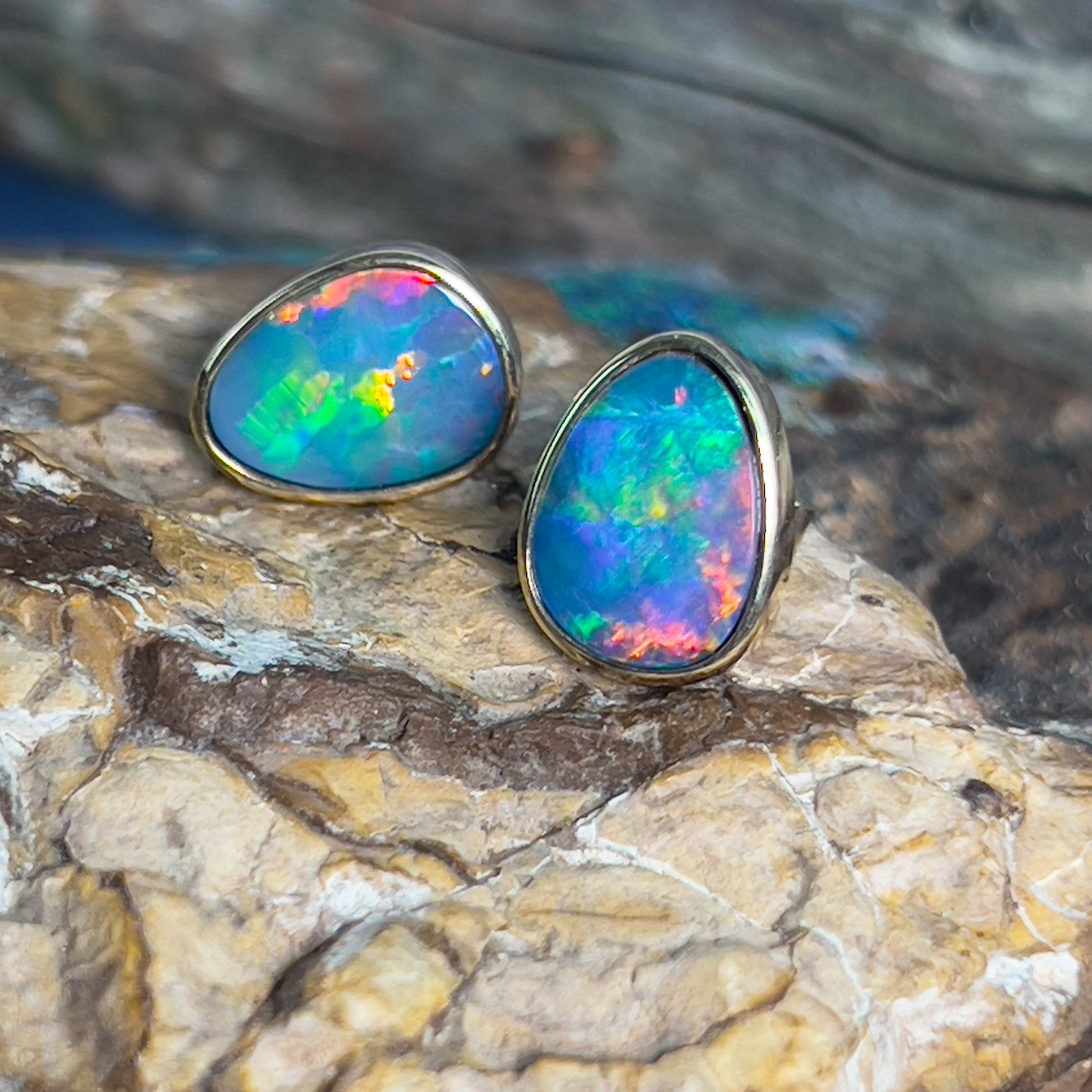 14kt Yellow Gold freeform opal doublet red studs - Masterpiece Jewellery Opal & Gems Sydney Australia | Online Shop