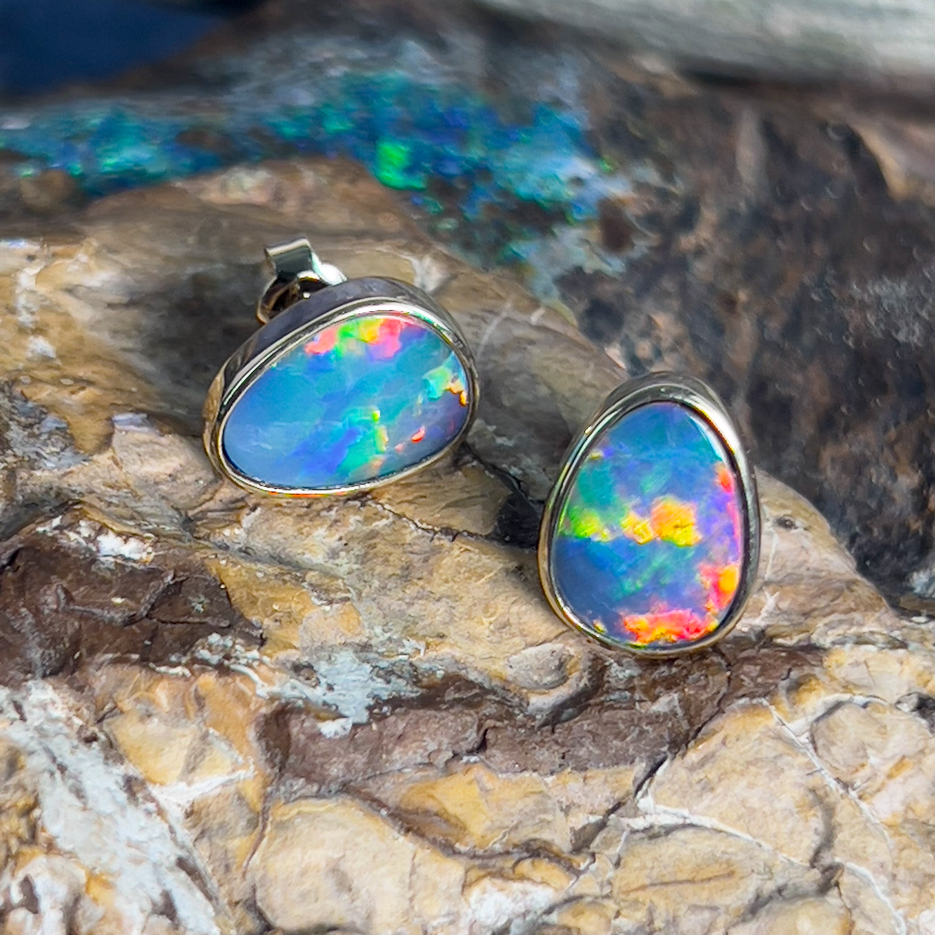 14kt Yellow Gold freeform opal doublet red studs - Masterpiece Jewellery Opal & Gems Sydney Australia | Online Shop