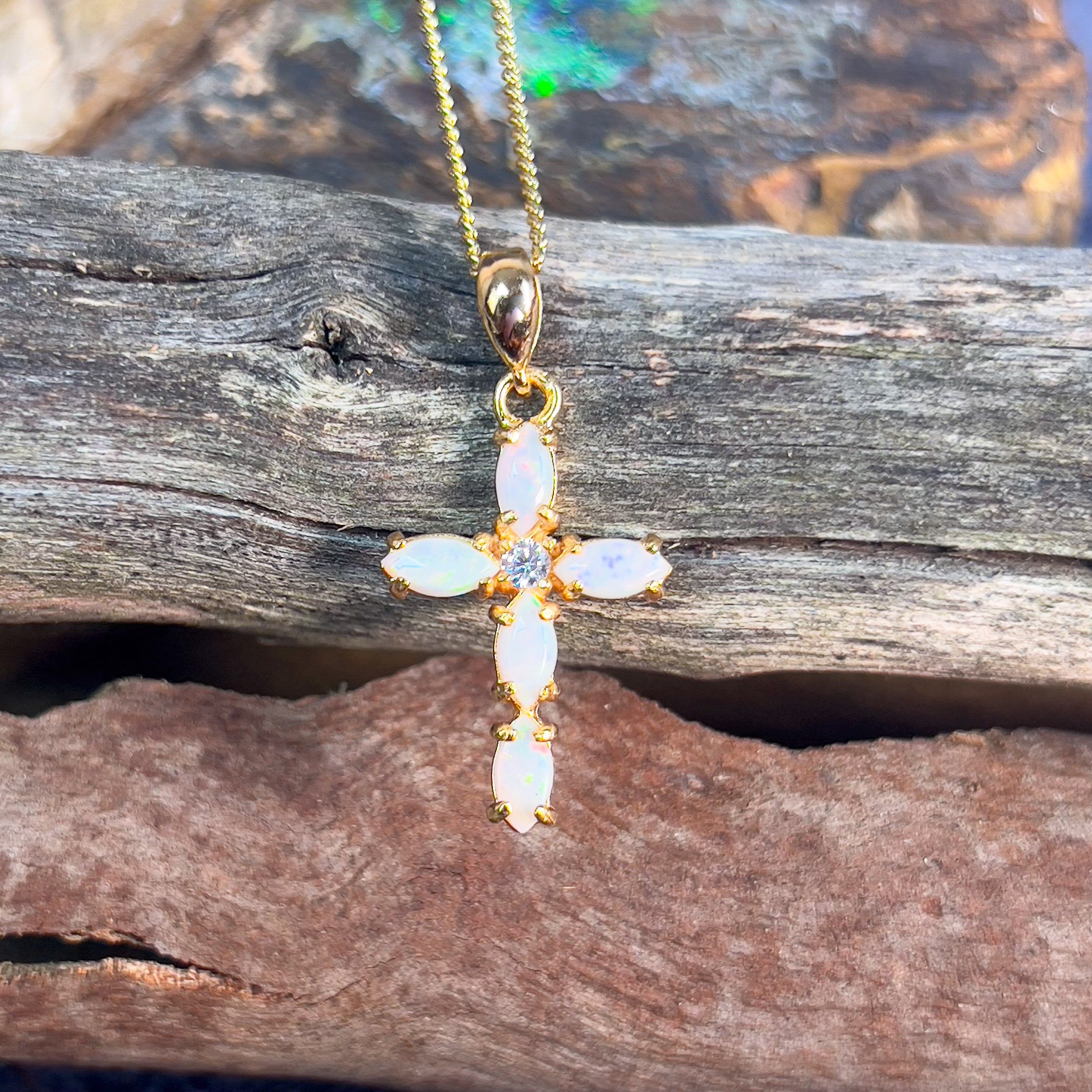 Sterling Silver Gold plated White Opal cross pendant - Masterpiece Jewellery Opal & Gems Sydney Australia | Online Shop