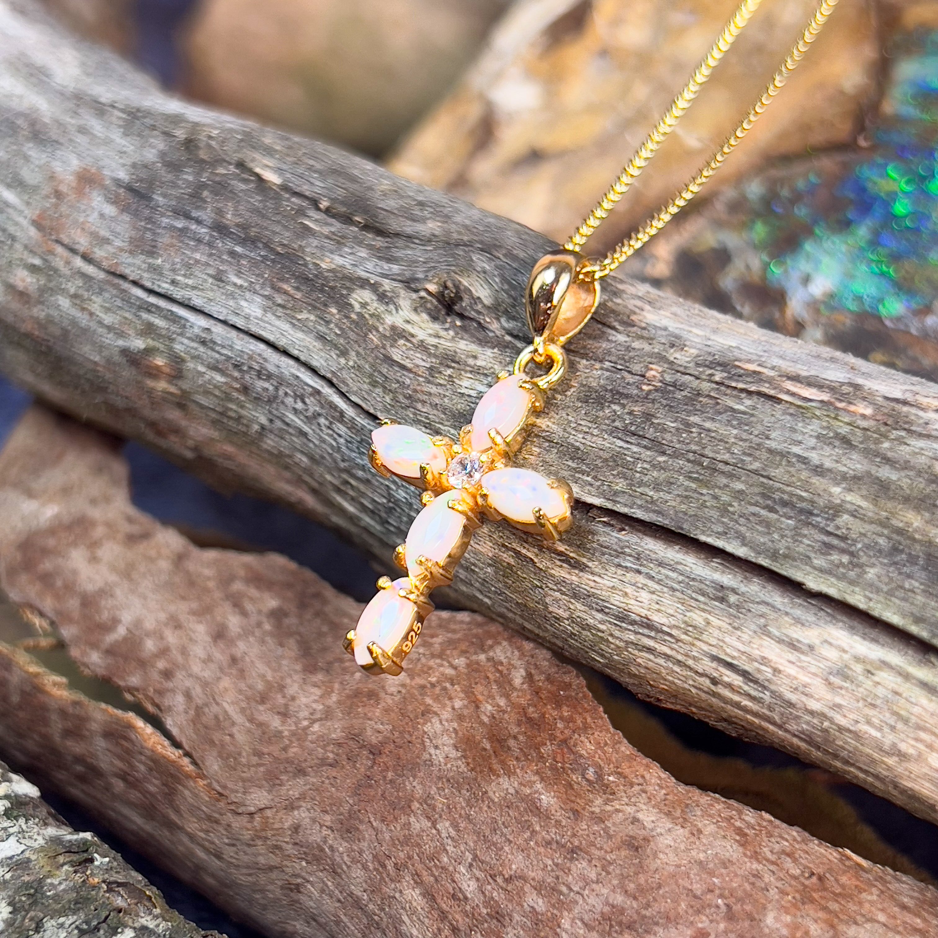 Sterling Silver Gold plated White Opal cross pendant - Masterpiece Jewellery Opal & Gems Sydney Australia | Online Shop