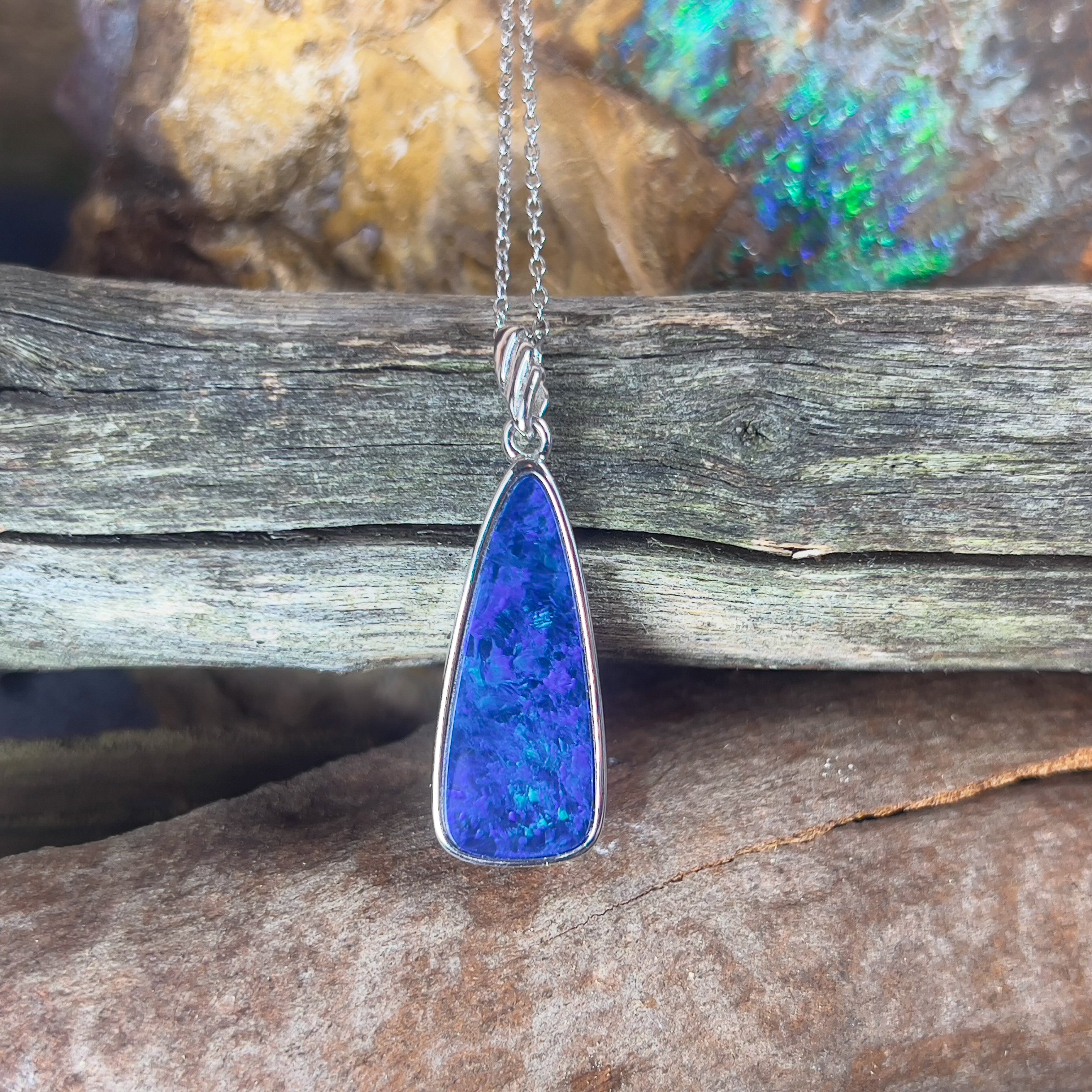 Sterling Silver long Blue Opal doublet 23x9mm pendant - Masterpiece Jewellery Opal & Gems Sydney Australia | Online Shop