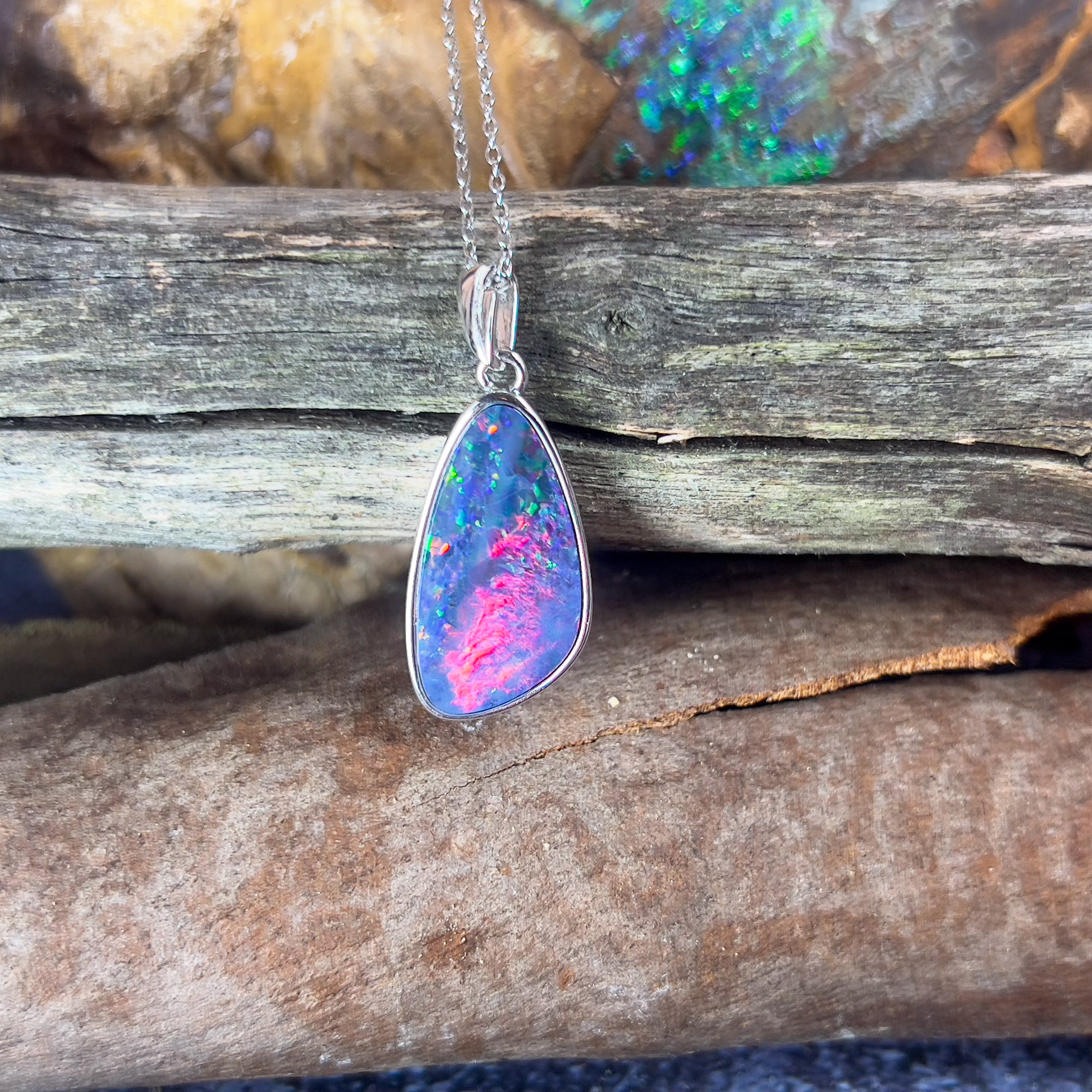 Sterling Silver Red Fire Blue Opal doublet 21x12mm pendant - Masterpiece Jewellery Opal & Gems Sydney Australia | Online Shop