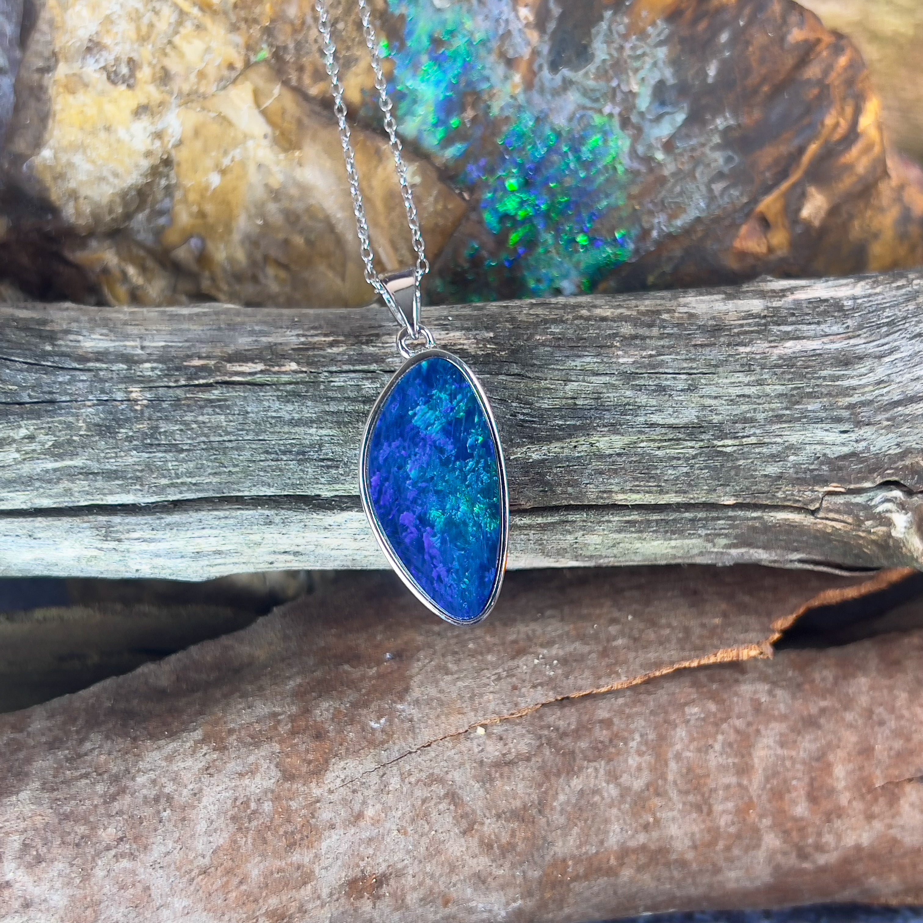 Sterling Silver Blue Opal doublet 23x11mm pendant - Masterpiece Jewellery Opal & Gems Sydney Australia | Online Shop