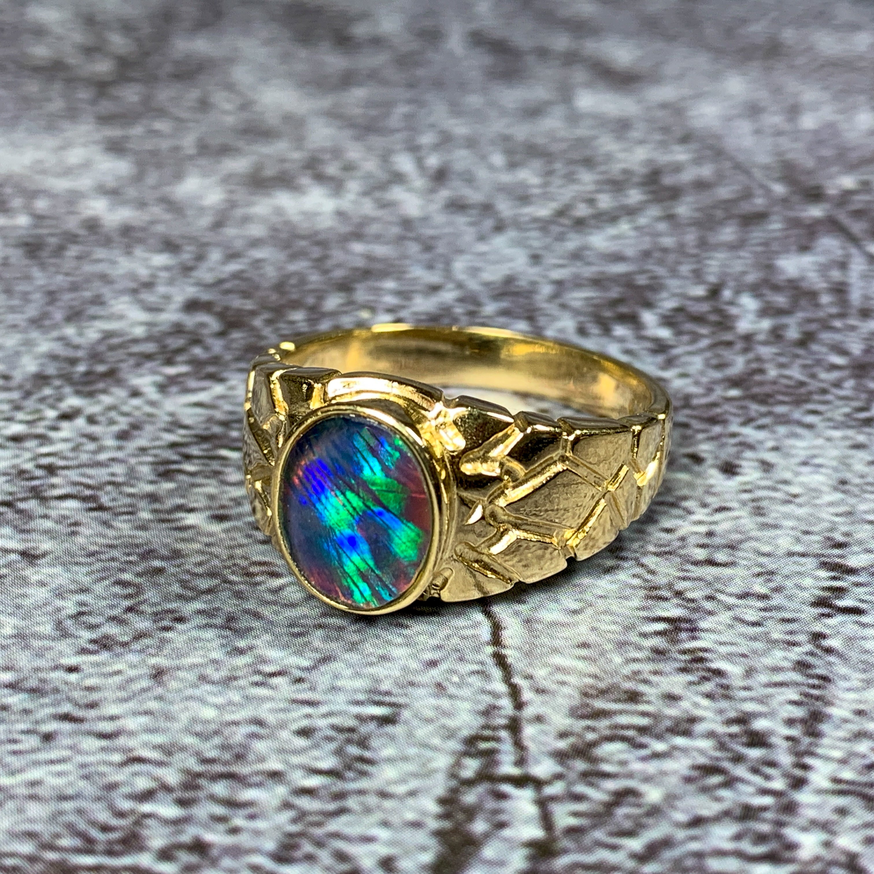 One 9kt Yellow Gold signet pattern ring set with one 10x8mm Opal triplet - Masterpiece Jewellery Opal & Gems Sydney Australia | Online Shop