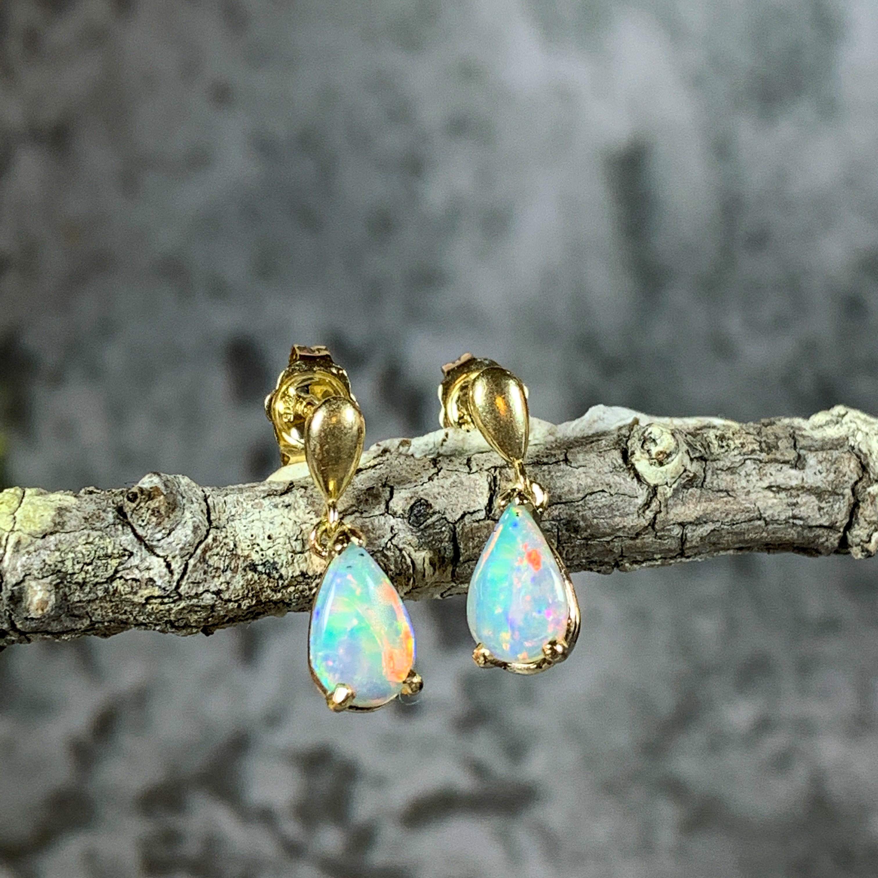 14kt Yellow Gold dangling pear shape 8x5mm Crystal Opal earrings - Masterpiece Jewellery Opal & Gems Sydney Australia | Online Shop