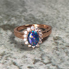 Rose Gold Plated Opal triplet 8x6mm cluster ring - Masterpiece Jewellery Opal & Gems Sydney Australia | Online Shop