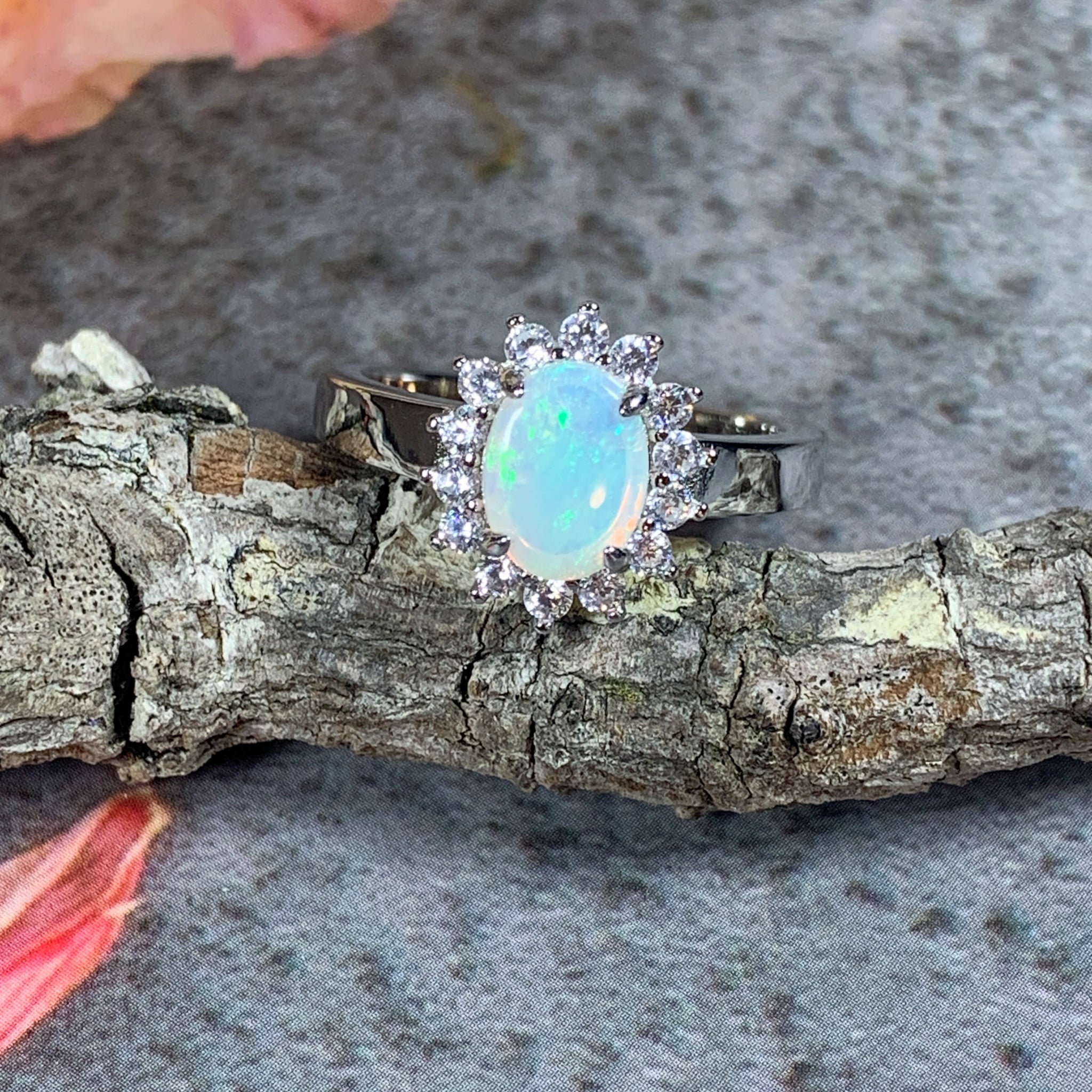 Sterling Silver White Opal cluster ring 8x6mm - Masterpiece Jewellery Opal & Gems Sydney Australia | Online Shop