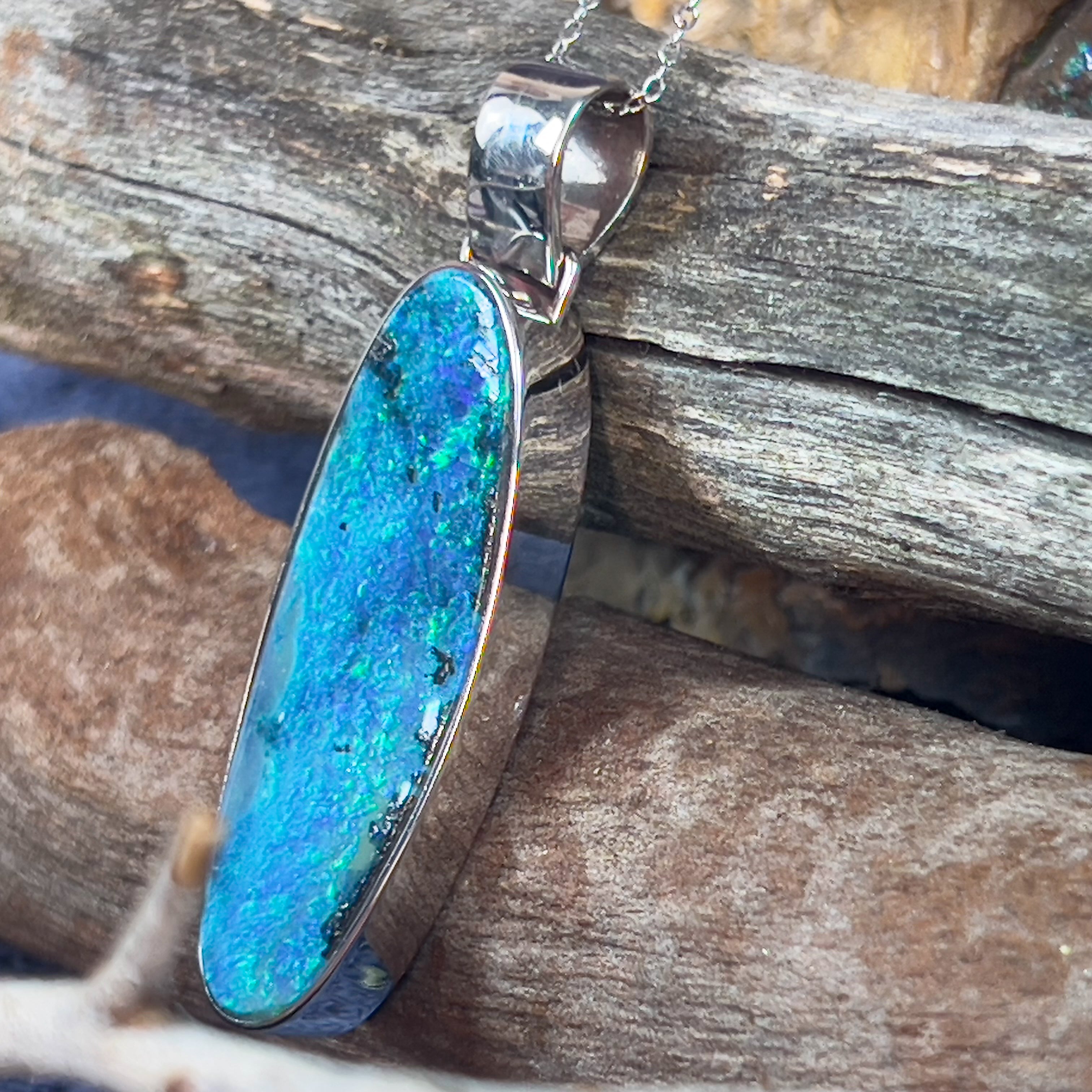 14kt White Gold long oval shape Boulder Opal 22.03ct pendant - Masterpiece Jewellery Opal & Gems Sydney Australia | Online Shop