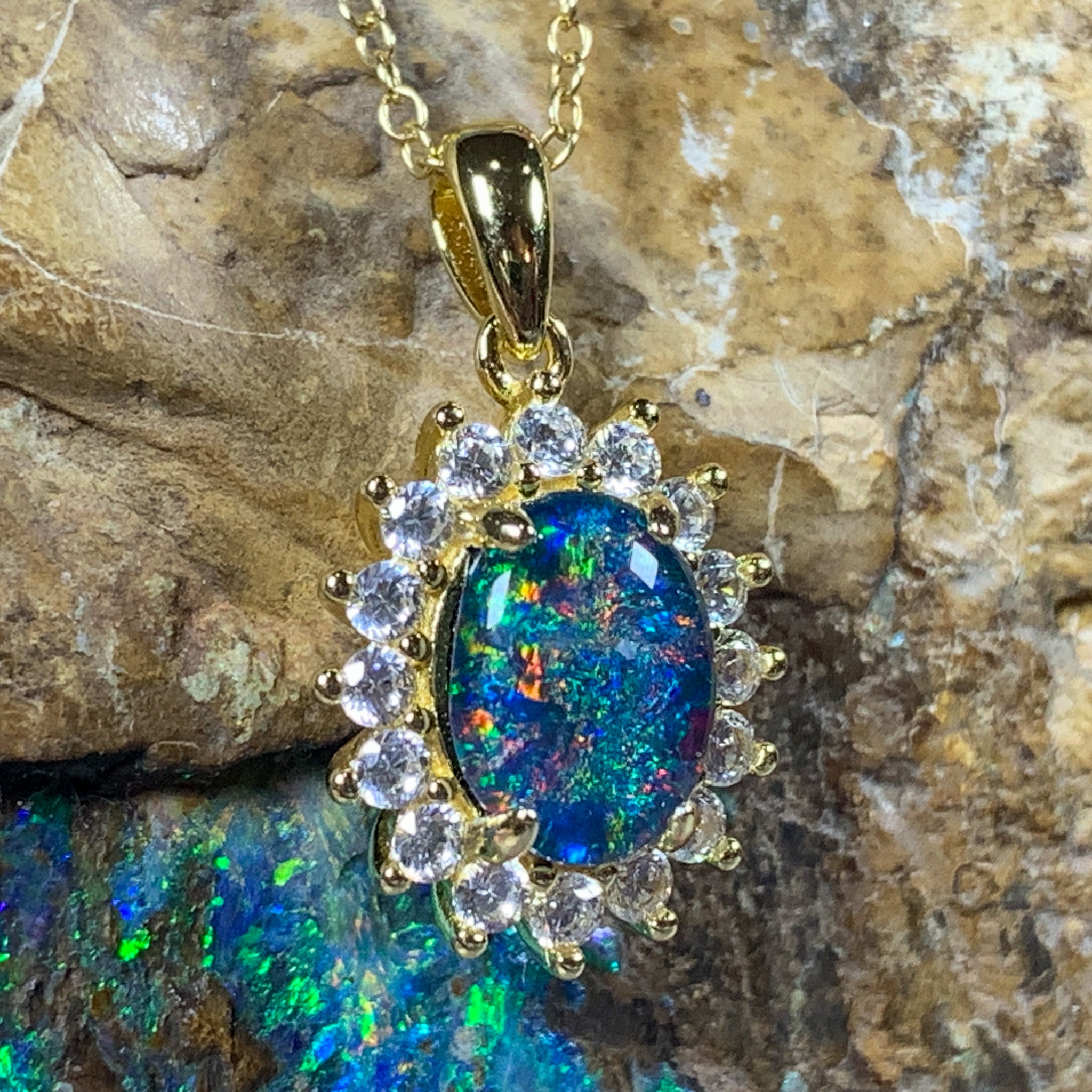 Gold plated Silver cluster 9x7mm Opal triplet pendant - Masterpiece Jewellery Opal & Gems Sydney Australia | Online Shop