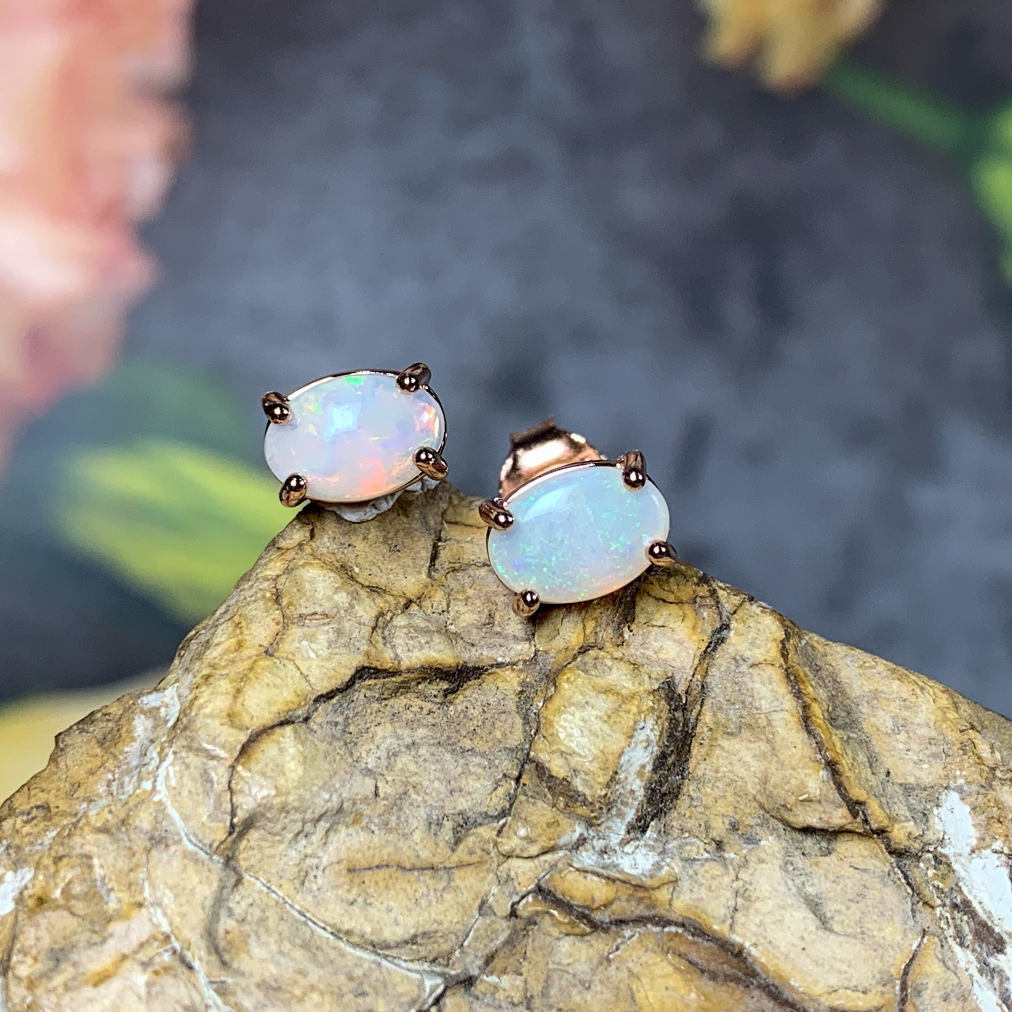 Rose Gold plated silver 7x5mm White Opal studs - Masterpiece Jewellery Opal & Gems Sydney Australia | Online Shop