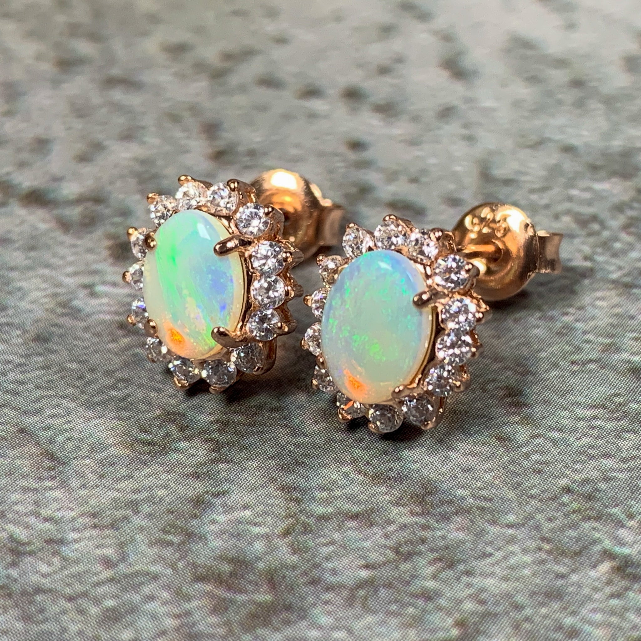 Rose Gold plated silver 7x5mm White Opal cluster earrings - Masterpiece Jewellery Opal & Gems Sydney Australia | Online Shop