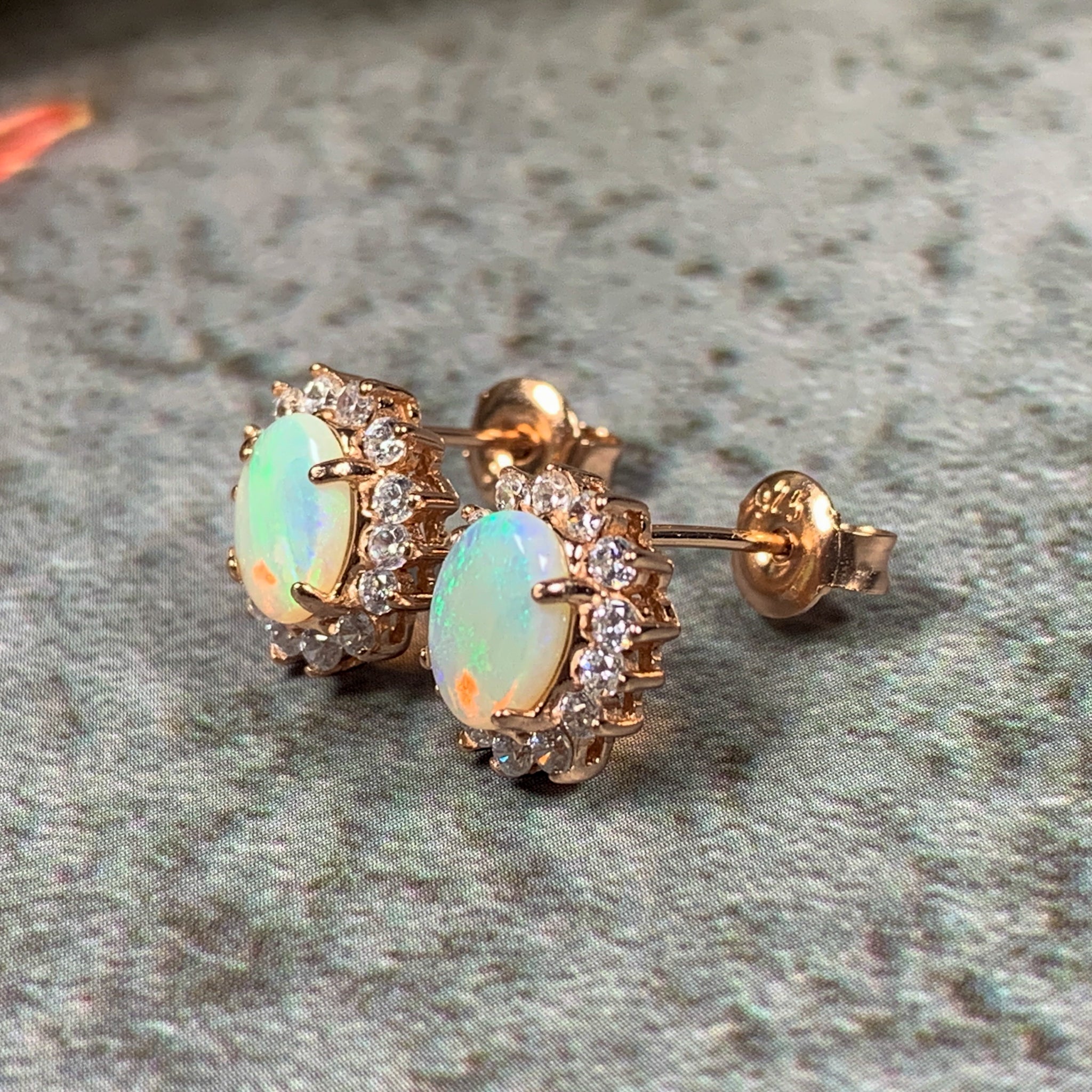 Rose Gold plated silver 7x5mm White Opal cluster earrings - Masterpiece Jewellery Opal & Gems Sydney Australia | Online Shop