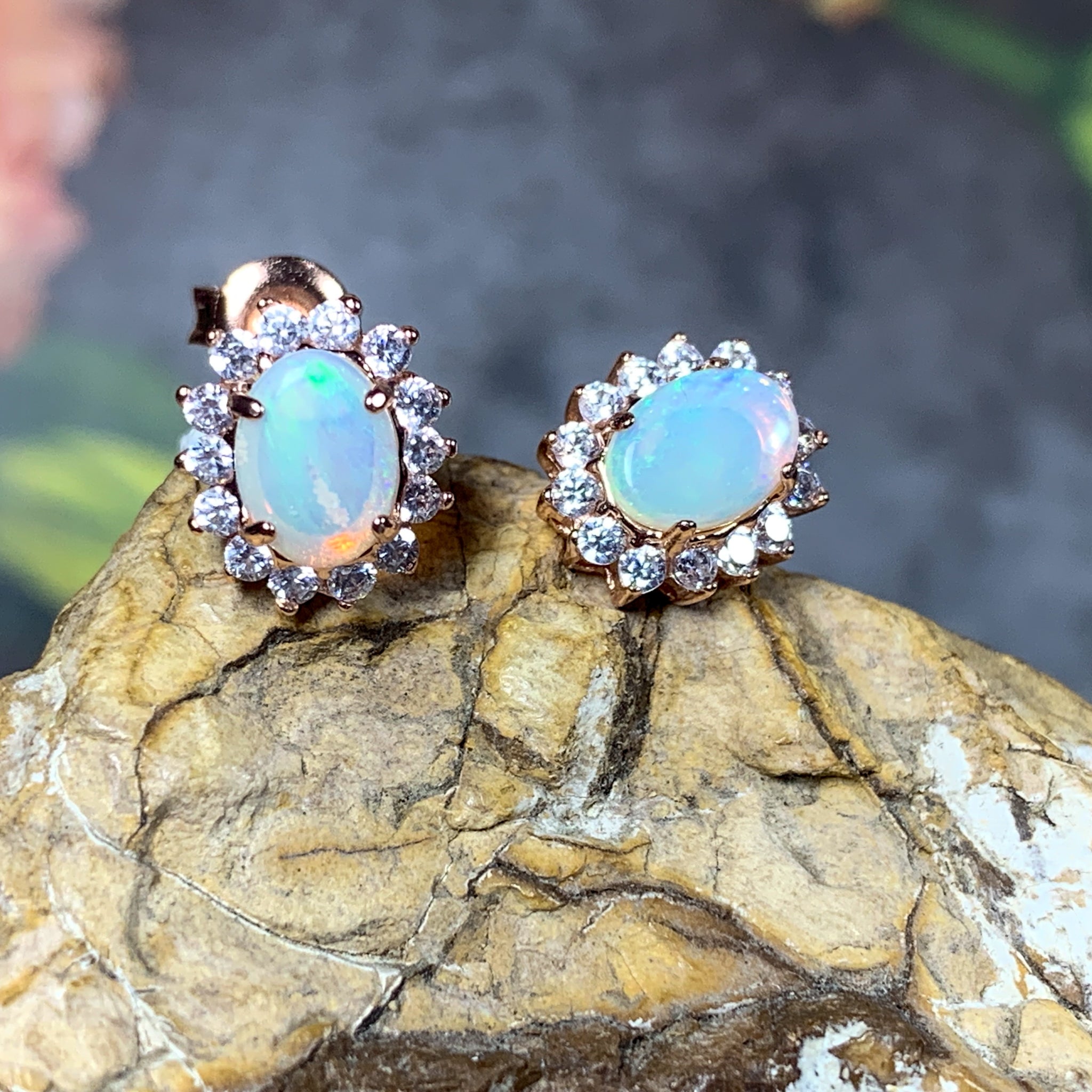 Rose Gold plated silver 7x5mm White Opal cluster earrings - Masterpiece Jewellery Opal & Gems Sydney Australia | Online Shop