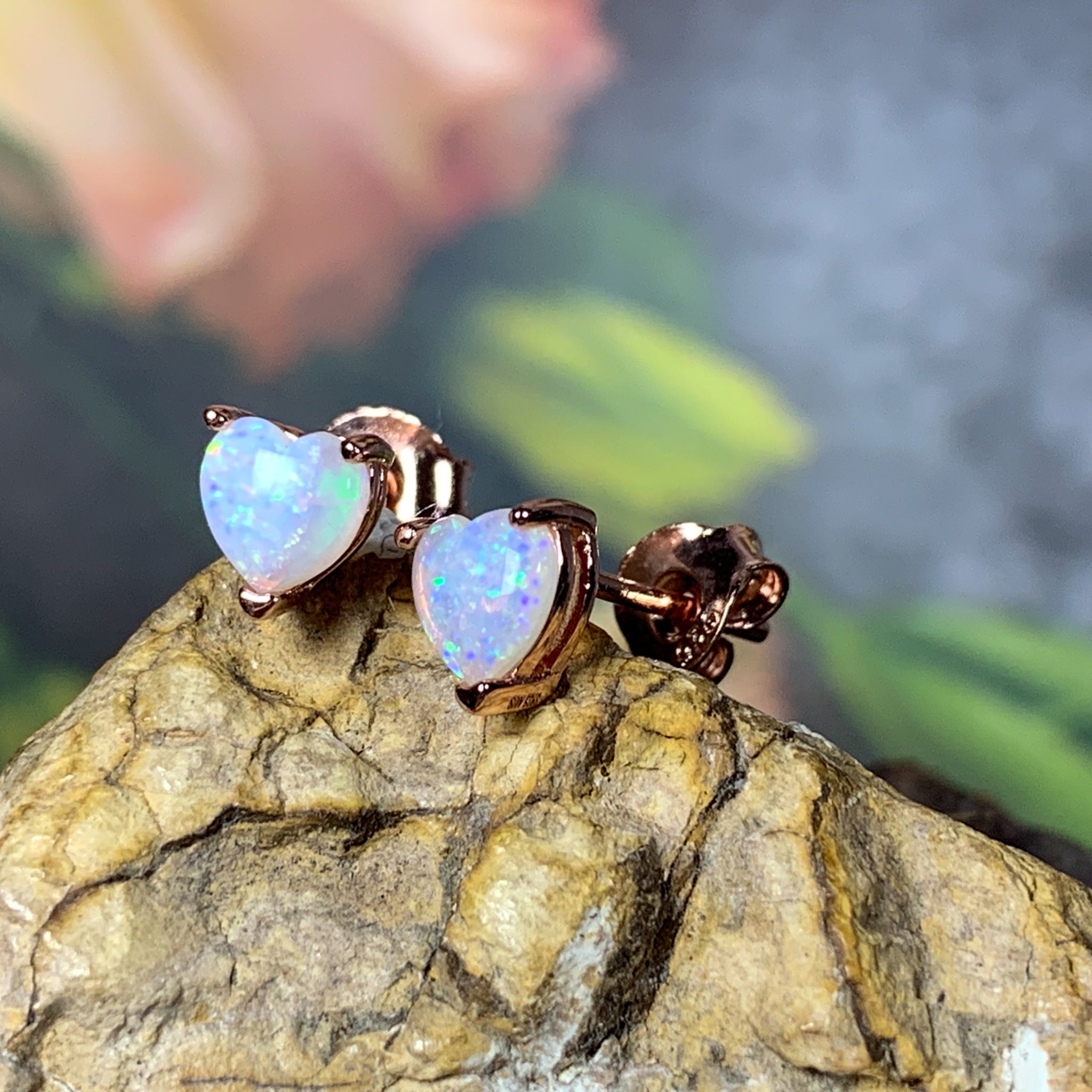 Rose Gold plated silver 5mm heart shape White Opal studs - Masterpiece Jewellery Opal & Gems Sydney Australia | Online Shop