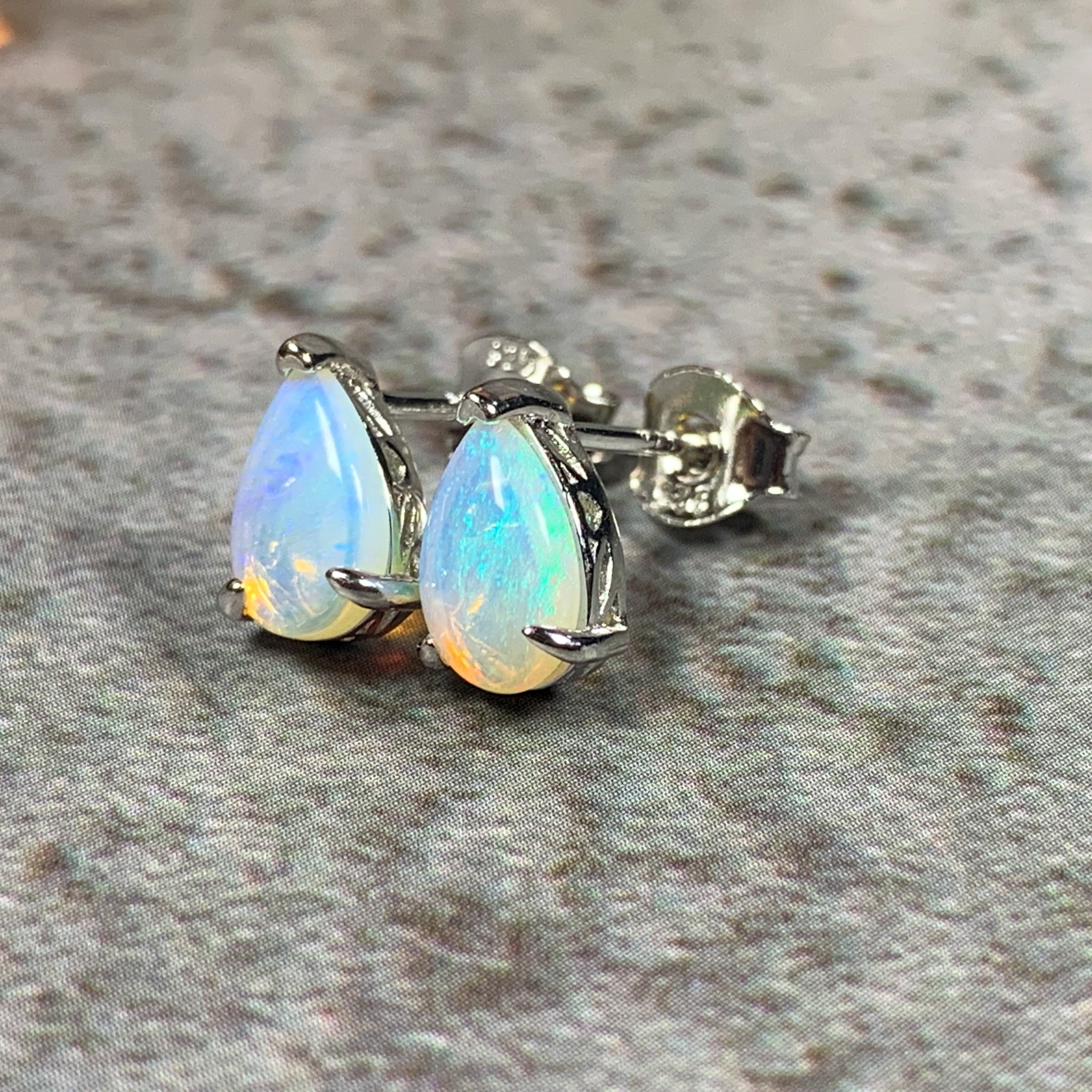 Sterling Silver 8x5mm Pearshape White Opal studs - Masterpiece Jewellery Opal & Gems Sydney Australia | Online Shop