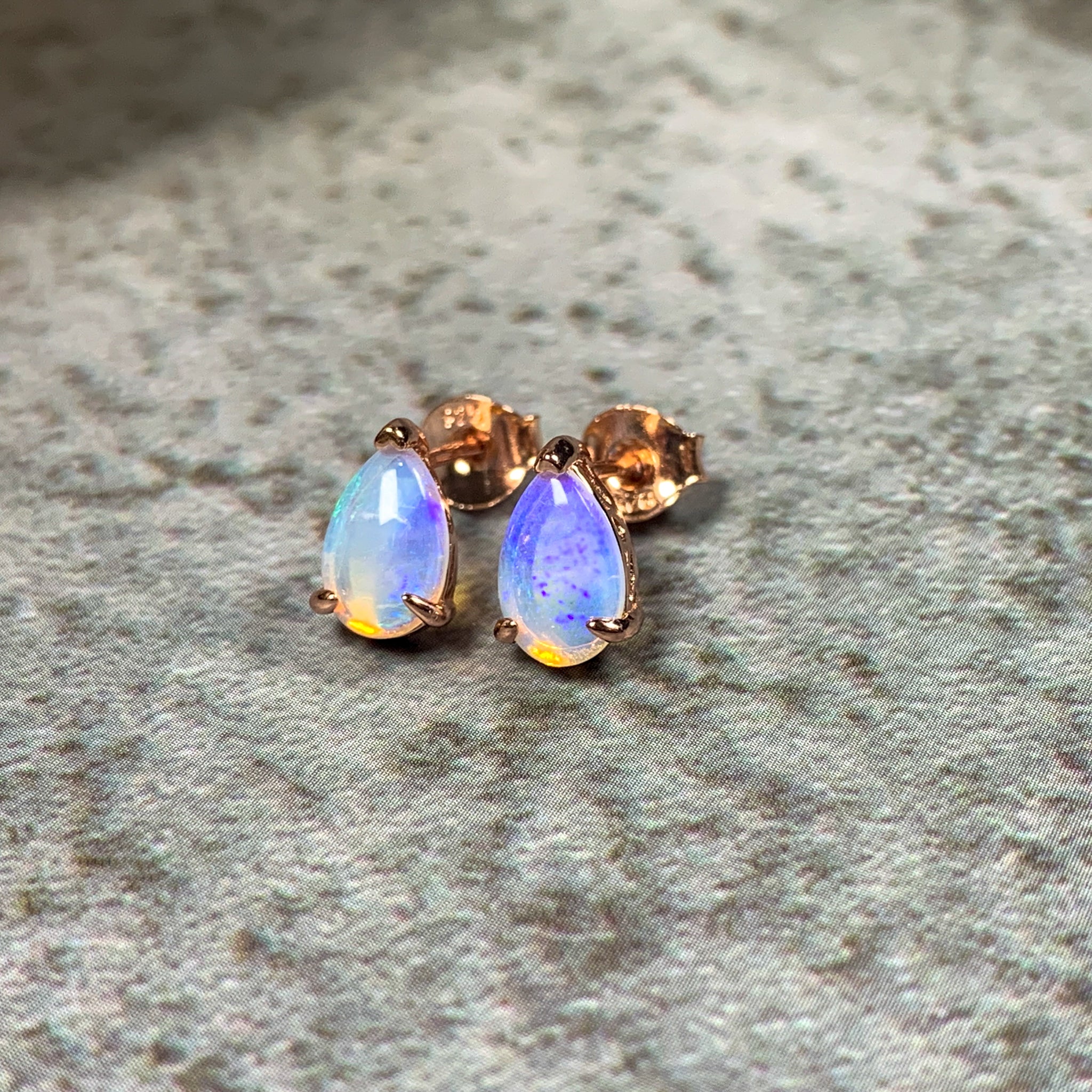 Rose Gold plated silver 8x5mm Pear shape White Opal studs - Masterpiece Jewellery Opal & Gems Sydney Australia | Online Shop