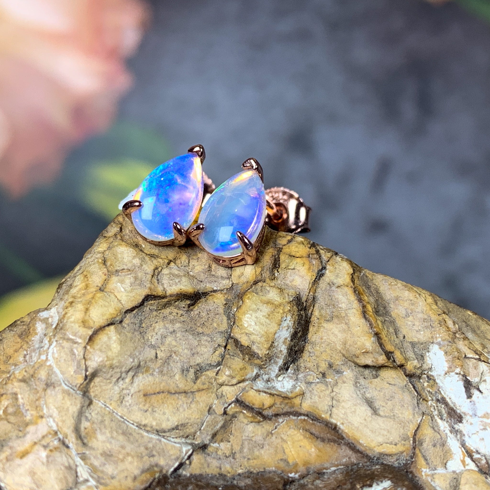 Rose Gold plated silver 8x5mm Pear shape White Opal studs - Masterpiece Jewellery Opal & Gems Sydney Australia | Online Shop