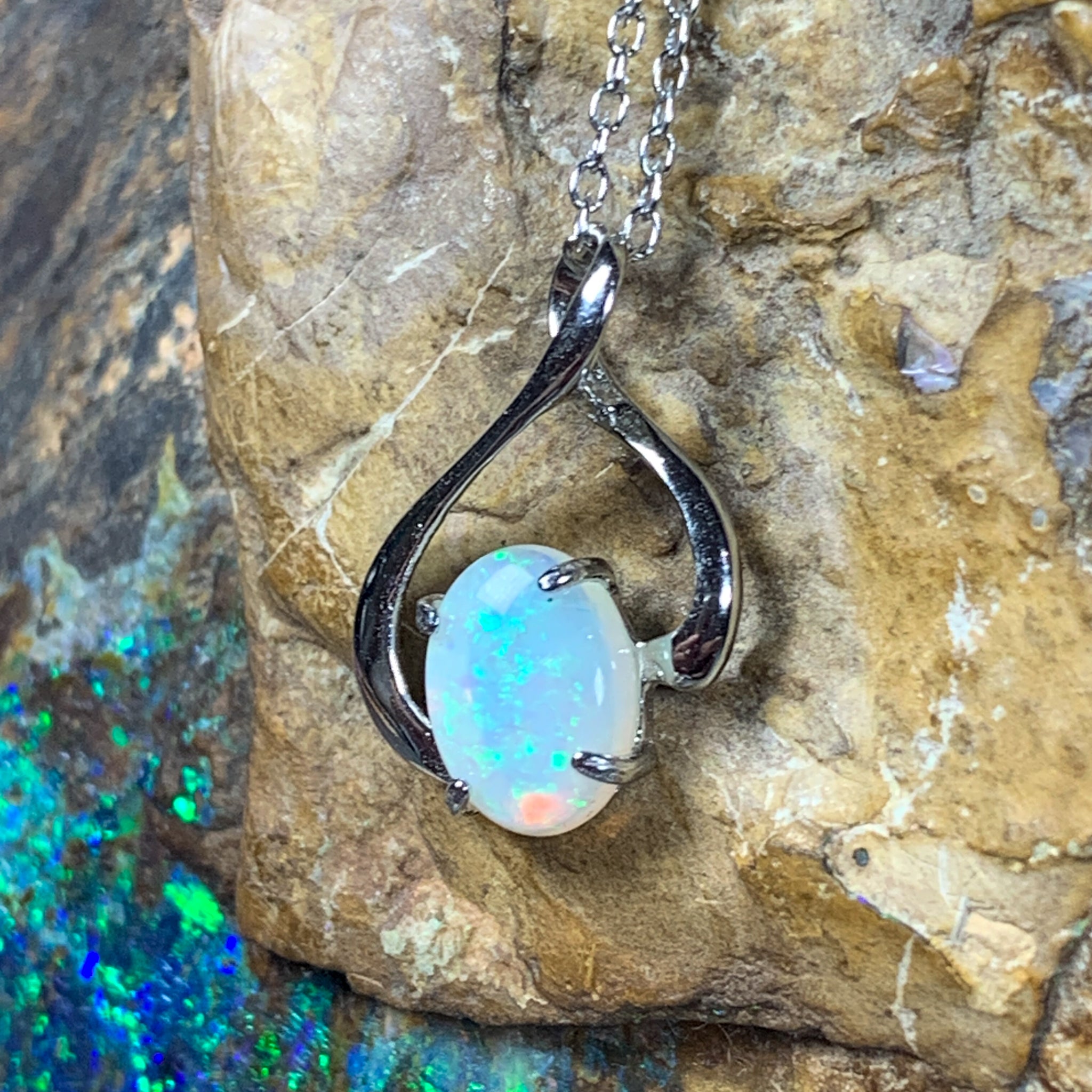 Sterling Silver White Opal pendant necklace loop design with opal 8x6mm - Masterpiece Jewellery Opal & Gems Sydney Australia | Online Shop