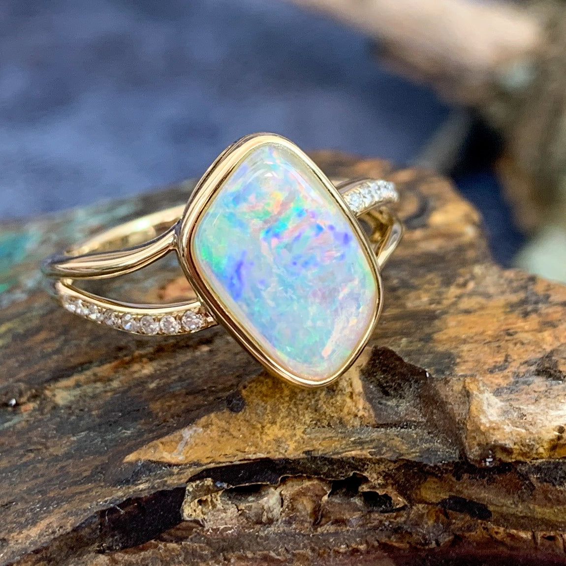 14kt Yellow Gold wave split shank White Opal ring - Masterpiece Jewellery Opal & Gems Sydney Australia | Online Shop