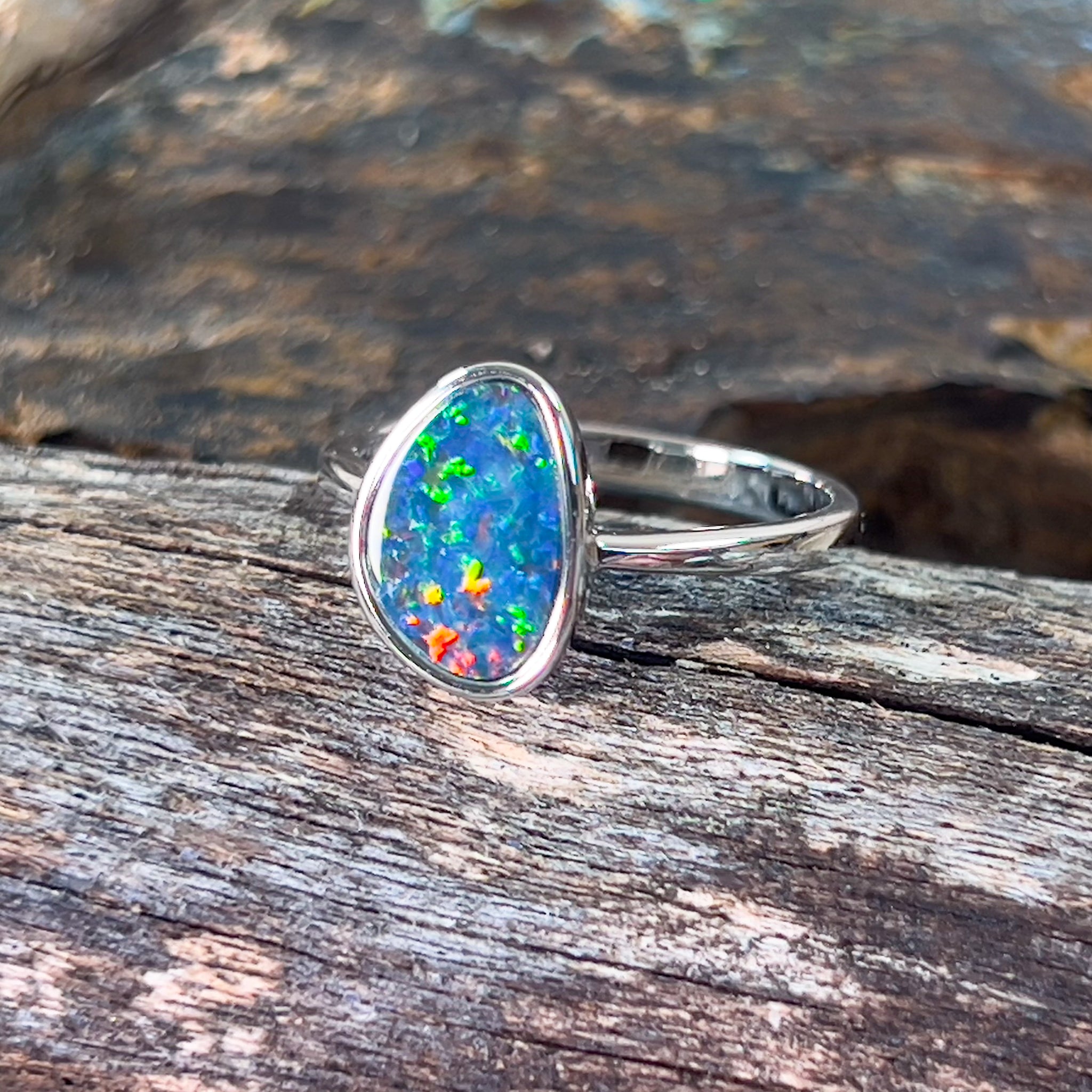 Sterling Silver bezel set freeform Opal doublet ring - Masterpiece Jewellery Opal & Gems Sydney Australia | Online Shop