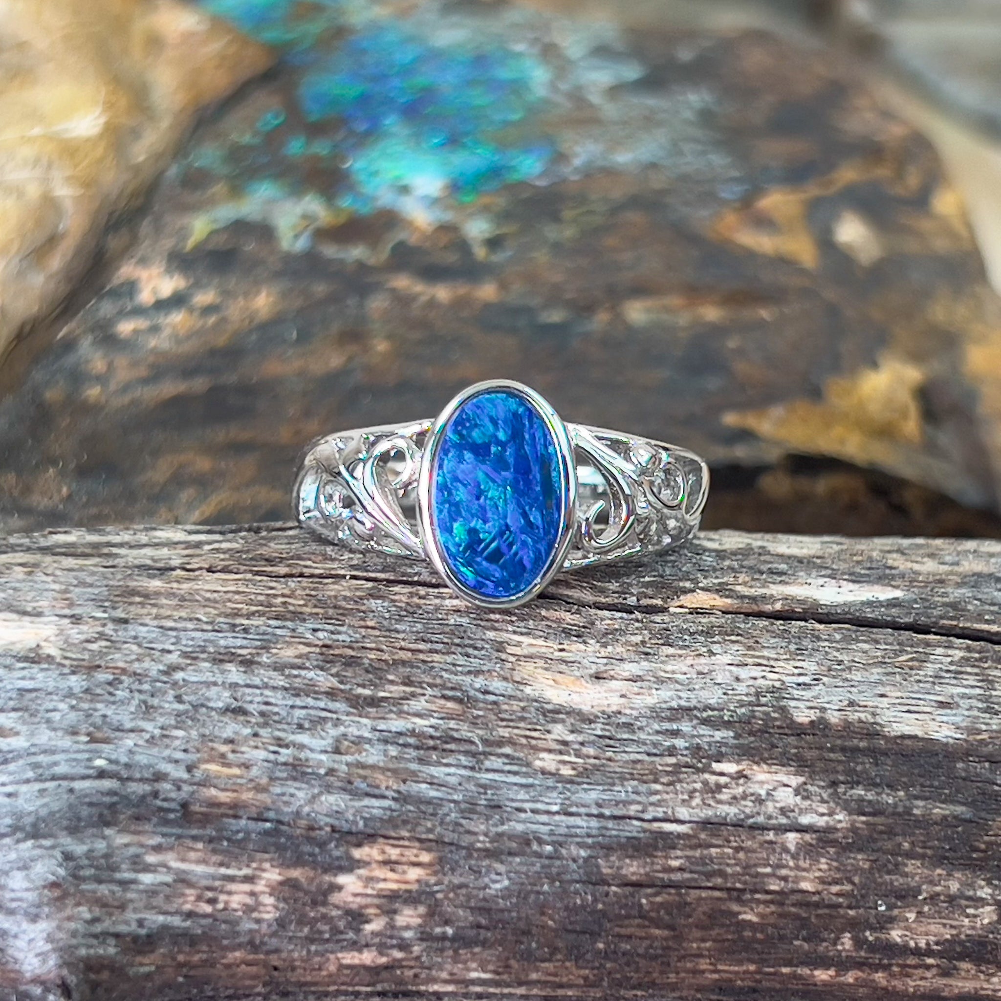 Sterling Silver Blue Opal doublet pattern band - Masterpiece Jewellery Opal & Gems Sydney Australia | Online Shop