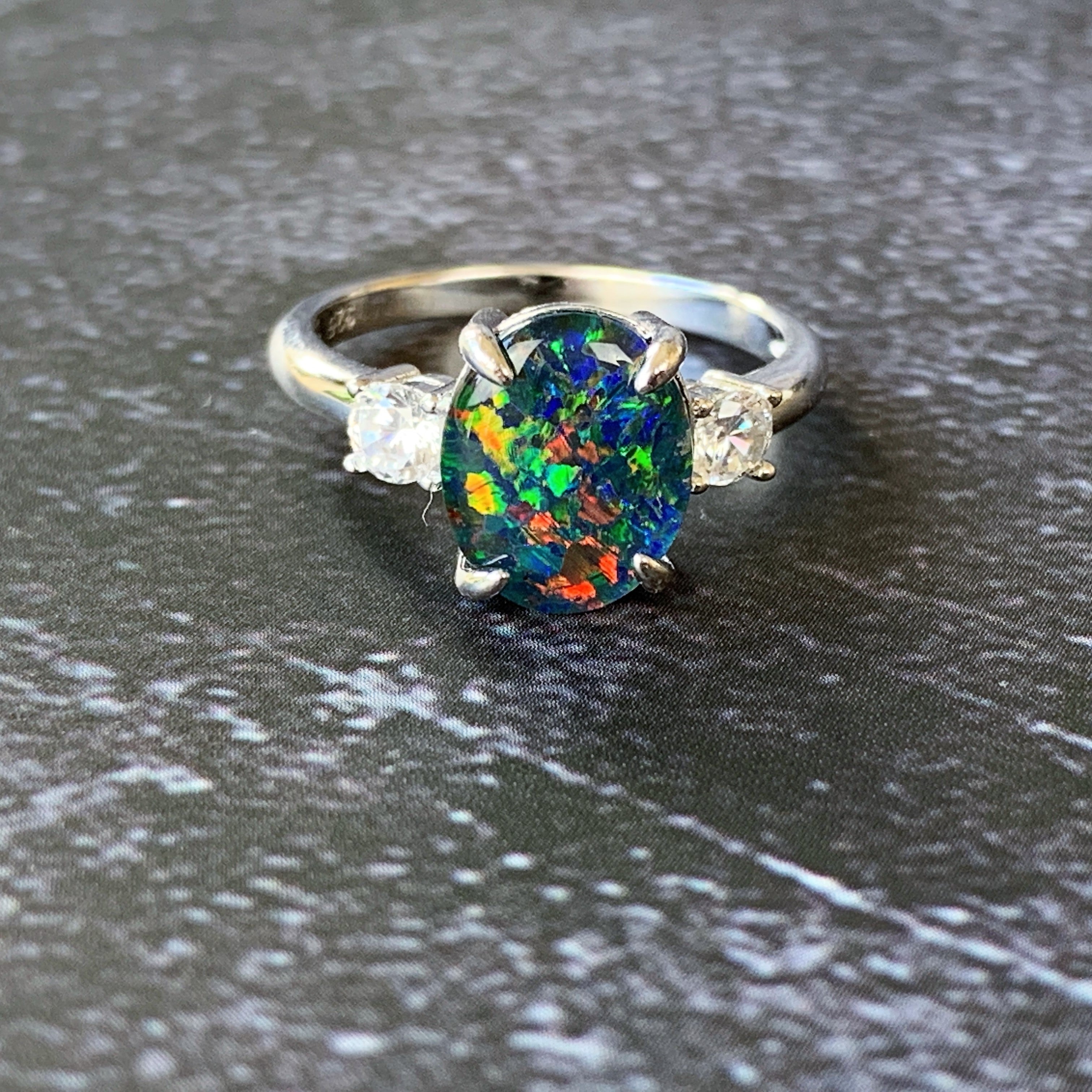 Sterling Silver Opal triplet 10x8mm and cubic zirconia trilogy ring - Masterpiece Jewellery Opal & Gems Sydney Australia | Online Shop