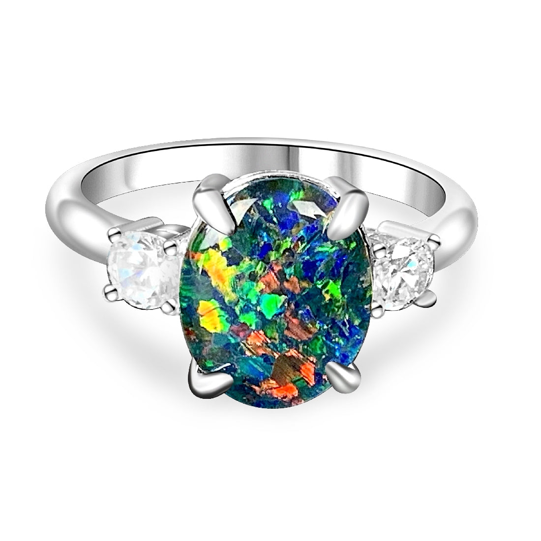 Sterling Silver Opal triplet 10x8mm and cubic zirconia trilogy ring - Masterpiece Jewellery Opal & Gems Sydney Australia | Online Shop