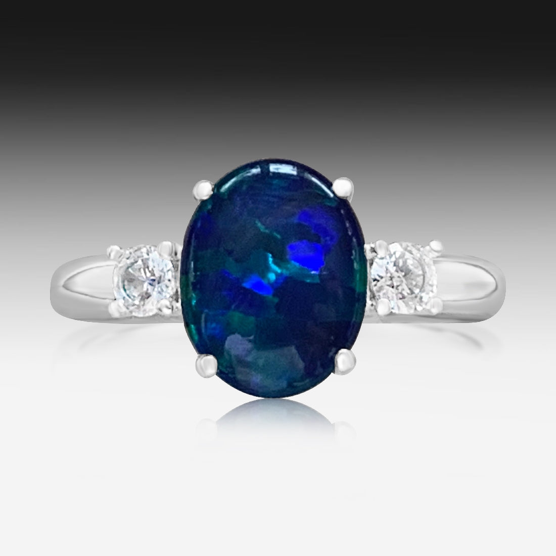 Sterling Silver Opal triplet 10x8mm and cubic zirconia trilogy ring - Masterpiece Jewellery Opal & Gems Sydney Australia | Online Shop