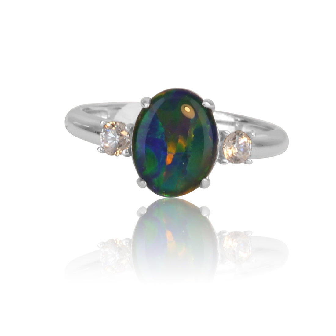 Sterling Silver Opal triplet 10x8mm and cubic zirconia trilogy ring - Masterpiece Jewellery Opal & Gems Sydney Australia | Online Shop