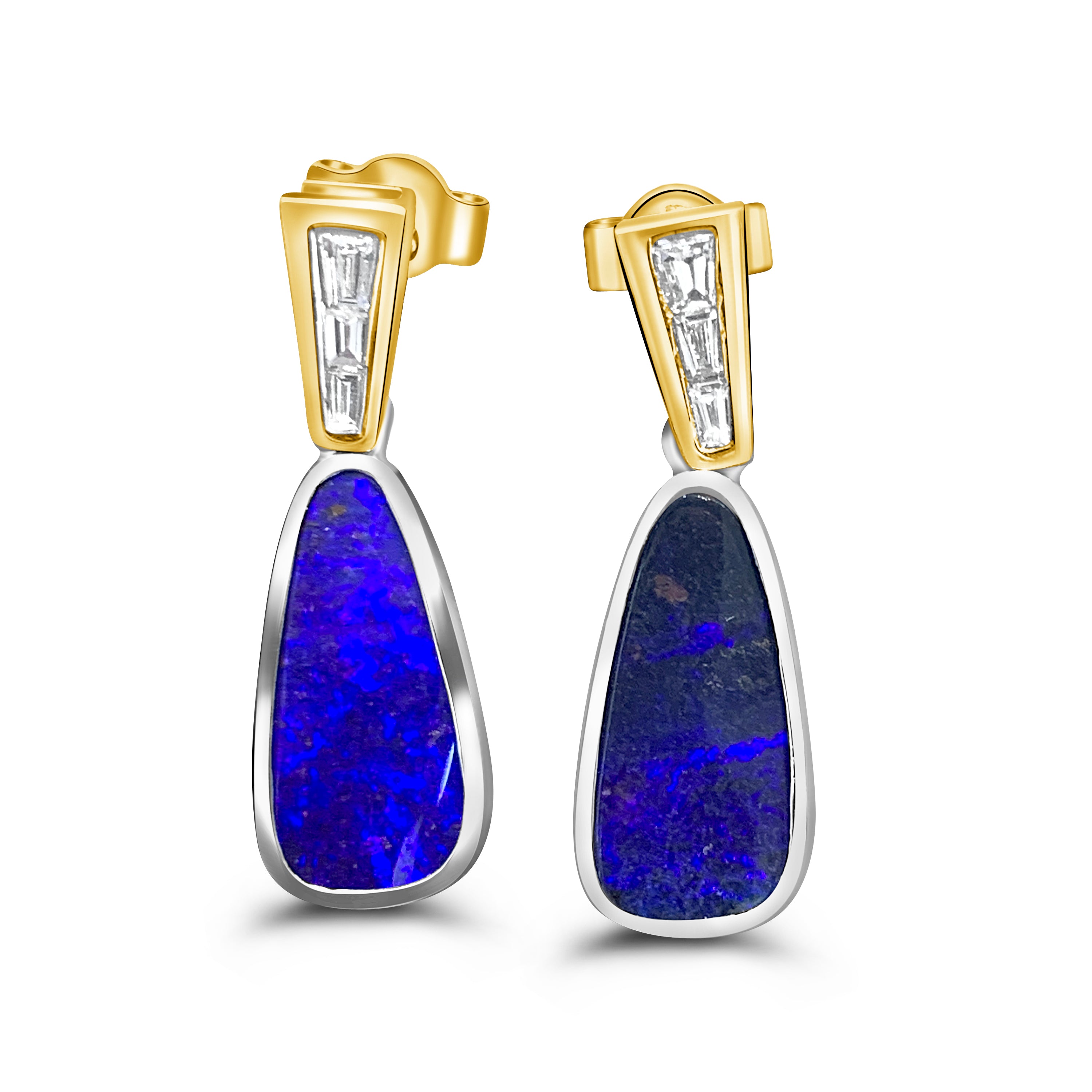 18kt Yellow and White Gold dangling Boulder Opal and Diamond earrings - Masterpiece Jewellery Opal & Gems Sydney Australia | Online Shop