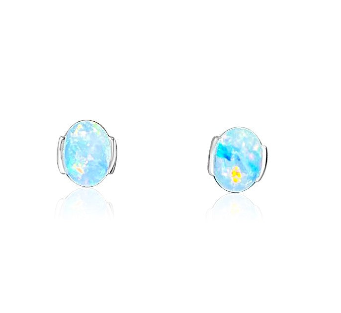 Silver studs 8x6mm Light Opal studs half bezel - Masterpiece Jewellery Opal & Gems Sydney Australia | Online Shop