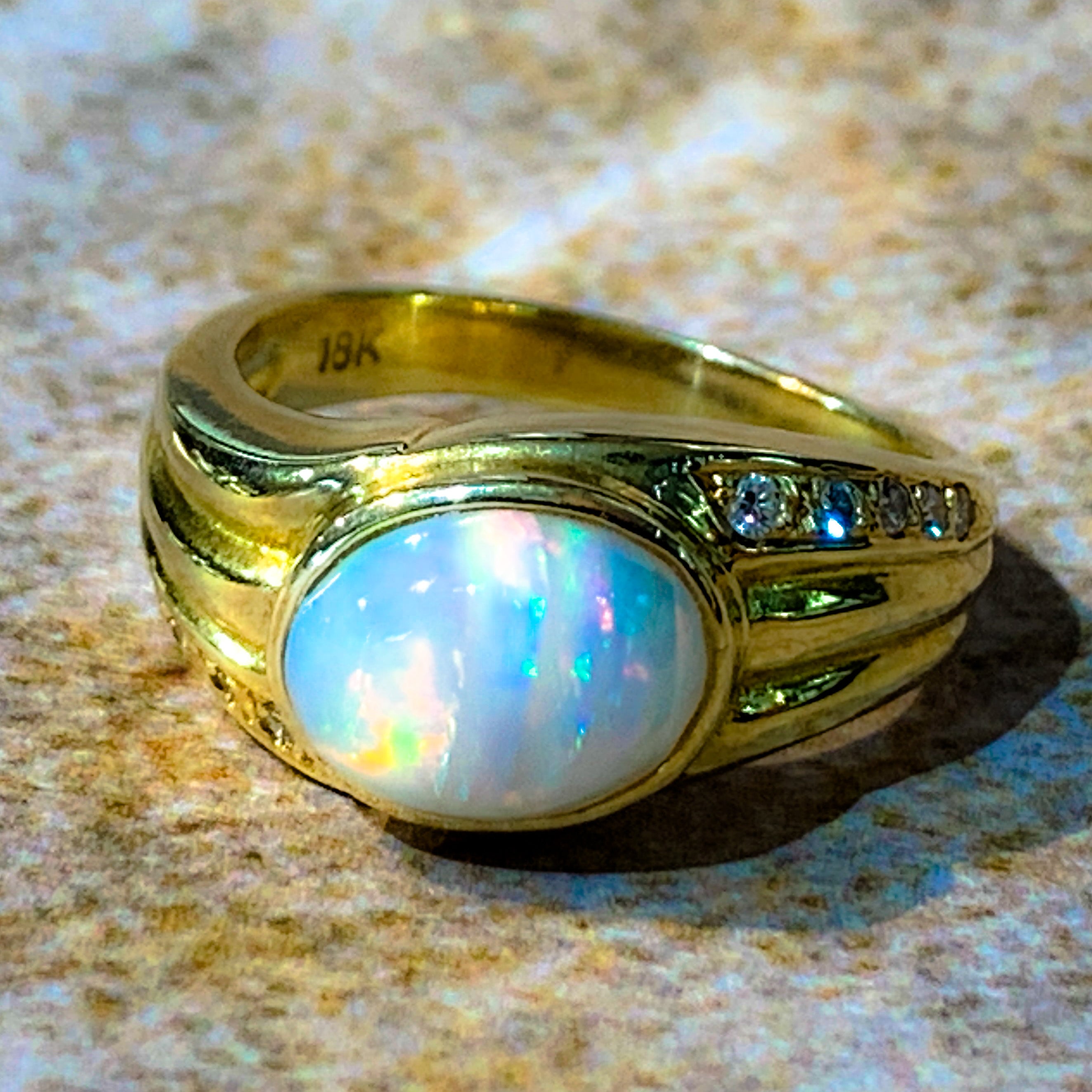 18kt Yellow Gold Multi colour Opal 9x7mm and Diamond ring - Masterpiece Jewellery Opal & Gems Sydney Australia | Online Shop