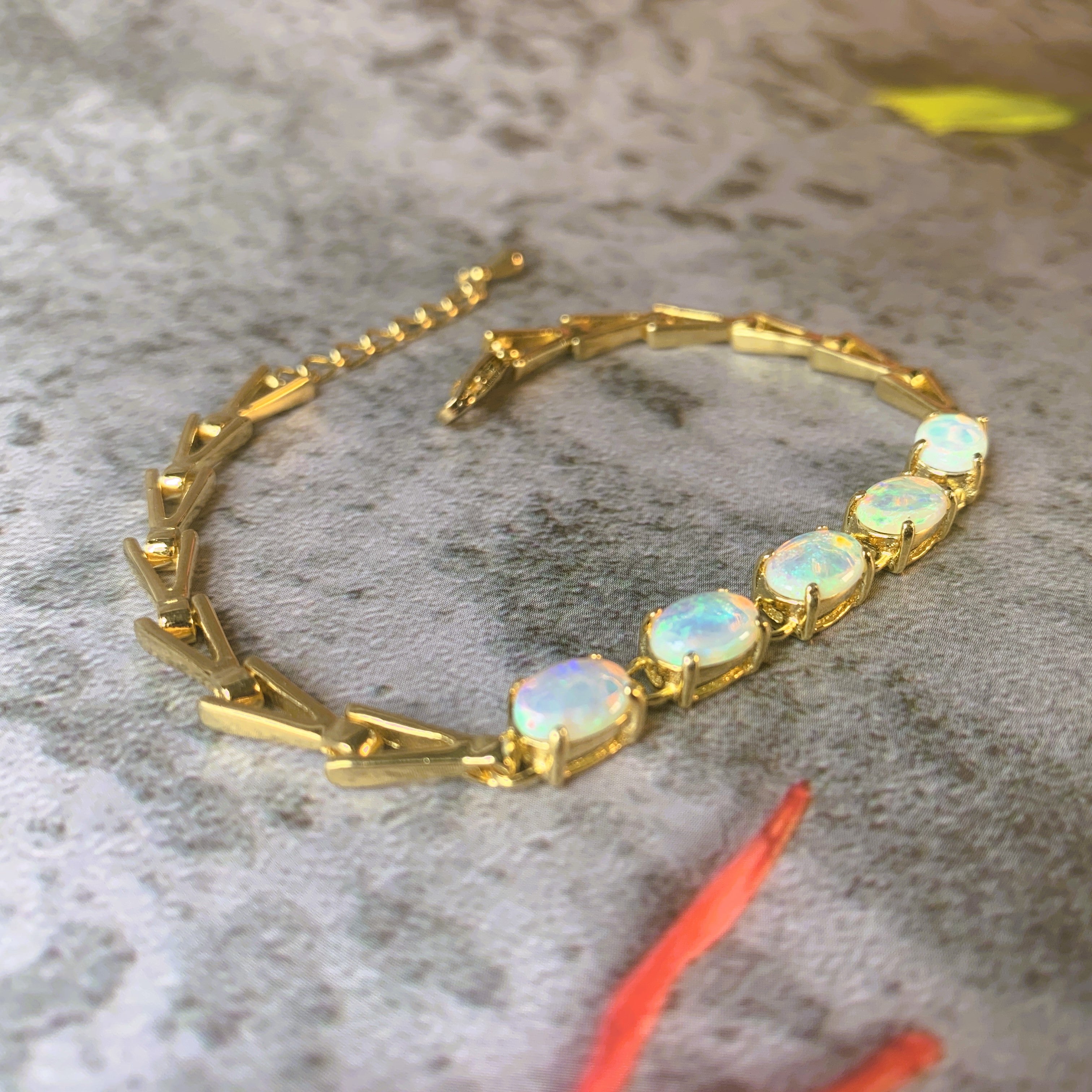 Gold plated silver 5 White opal 8x6mm bracelet - Masterpiece Jewellery Opal & Gems Sydney Australia | Online Shop