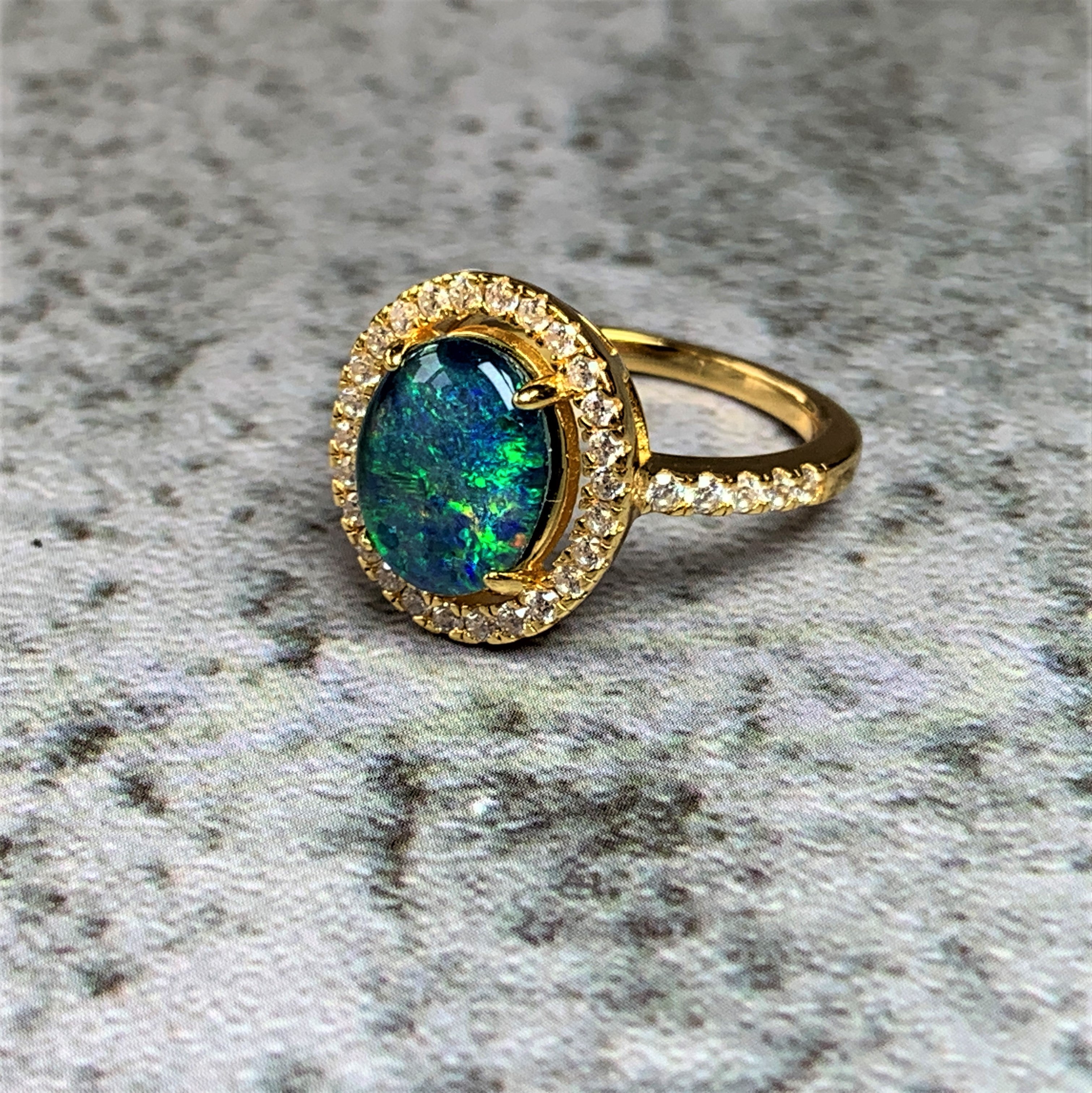 Gold Plated Sterling Silver Opal triplet 10x8mm halo ring - Masterpiece Jewellery Opal & Gems Sydney Australia | Online Shop