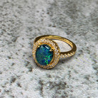 Gold Plated Sterling Silver Opal triplet 10x8mm halo ring - Masterpiece Jewellery Opal & Gems Sydney Australia | Online Shop