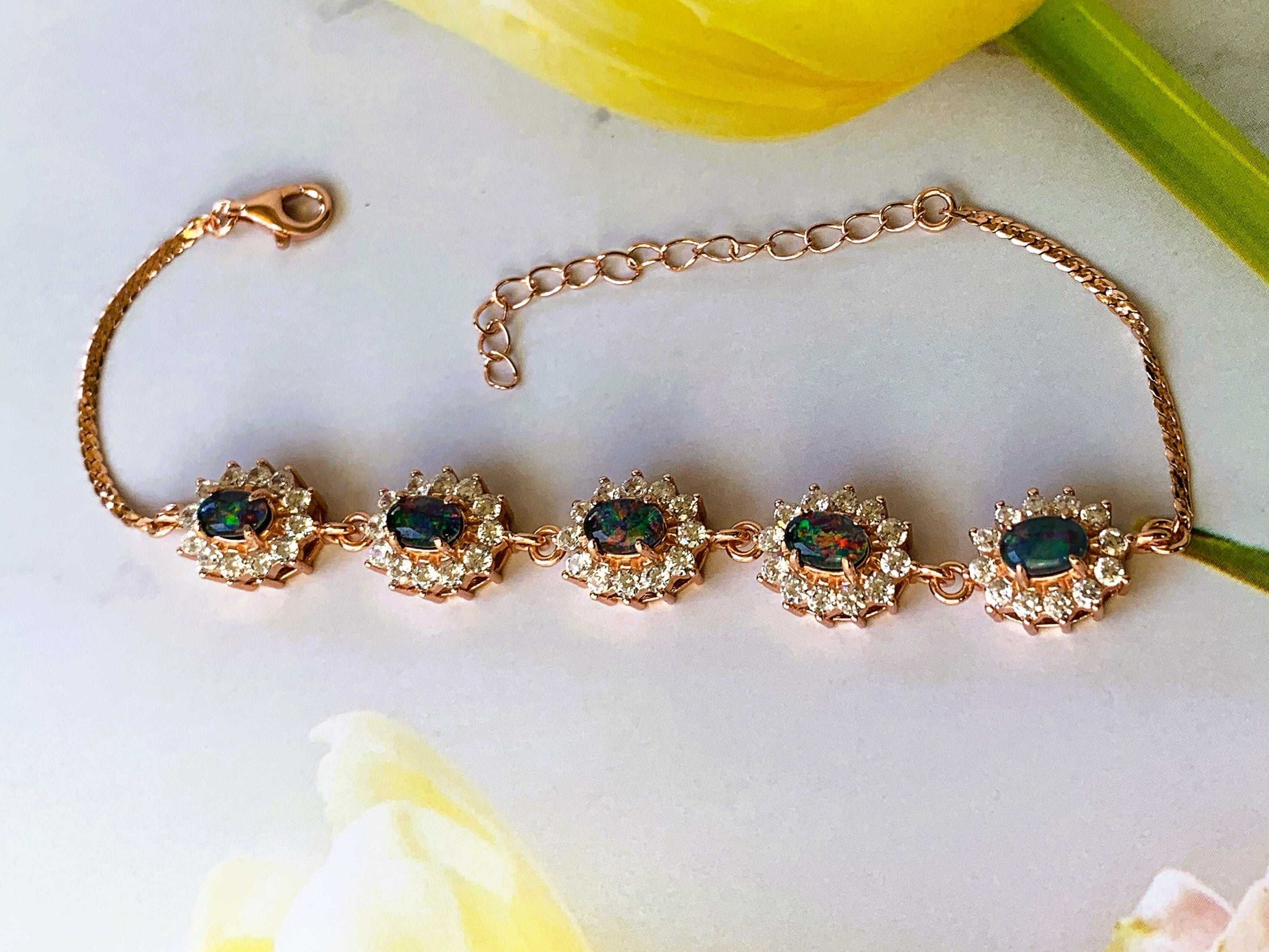 18kt Rose Gold plated Silver Opal 6x4mm Triplet cluster bracelet - Masterpiece Jewellery Opal & Gems Sydney Australia | Online Shop