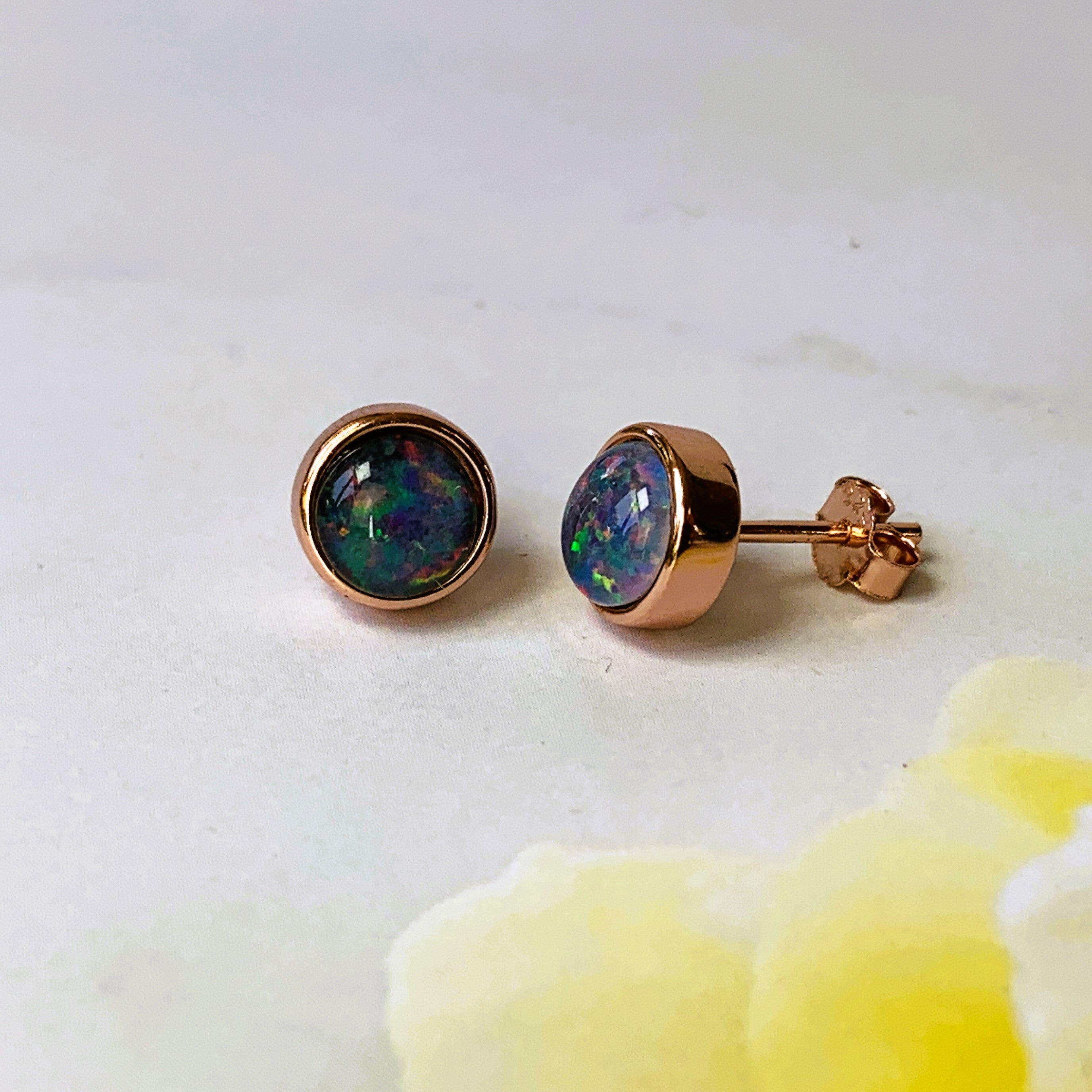 Rose Gold plated 6mm round Opal triplet bezel set - Masterpiece Jewellery Opal & Gems Sydney Australia | Online Shop