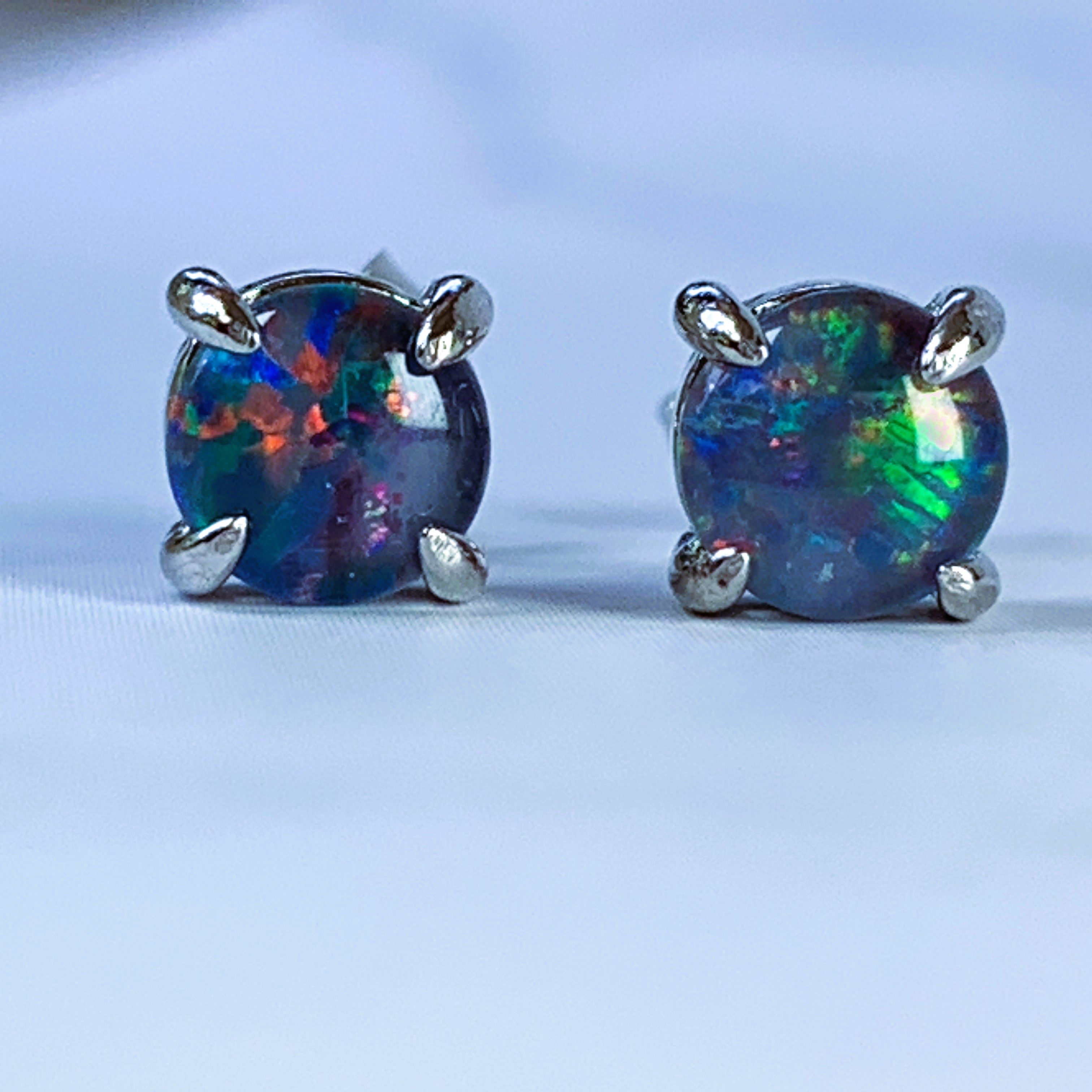 Sterling silver 5mm round Opal triplet claw studs - Masterpiece Jewellery Opal & Gems Sydney Australia | Online Shop