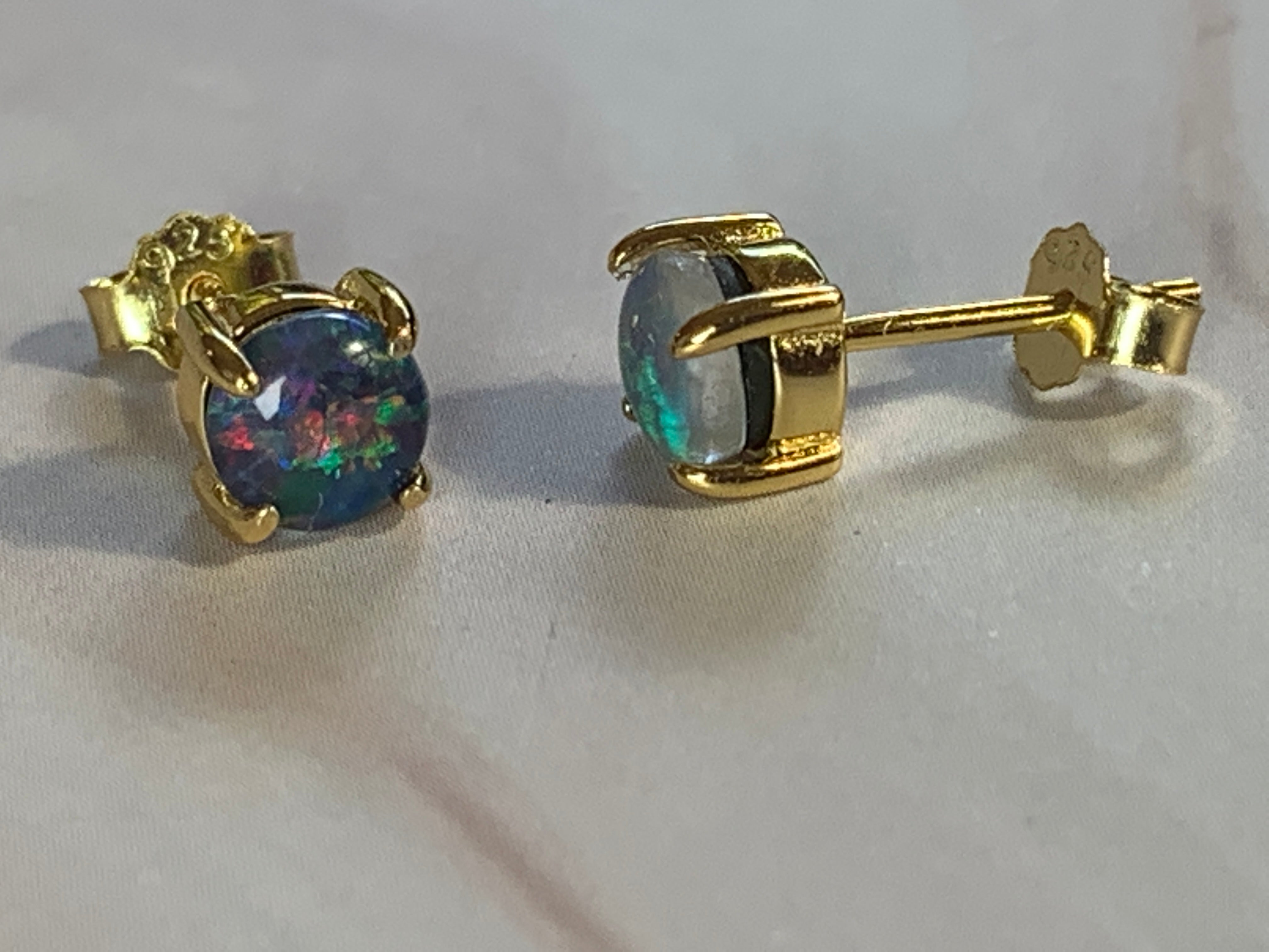 Gold Plated Sterling Silver 5mm Opal triplets claw set studs - Masterpiece Jewellery Opal & Gems Sydney Australia | Online Shop