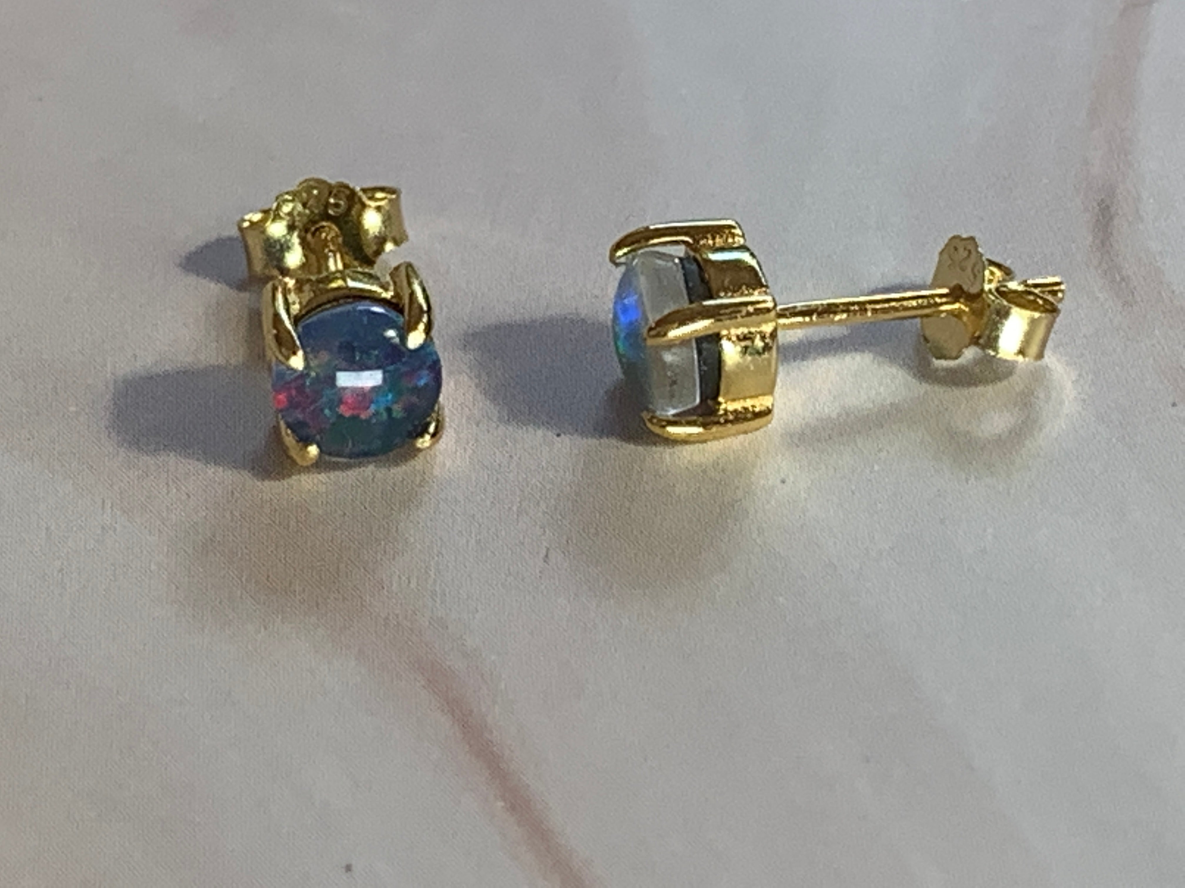 Gold Plated Sterling Silver 5mm Opal triplets claw set studs - Masterpiece Jewellery Opal & Gems Sydney Australia | Online Shop