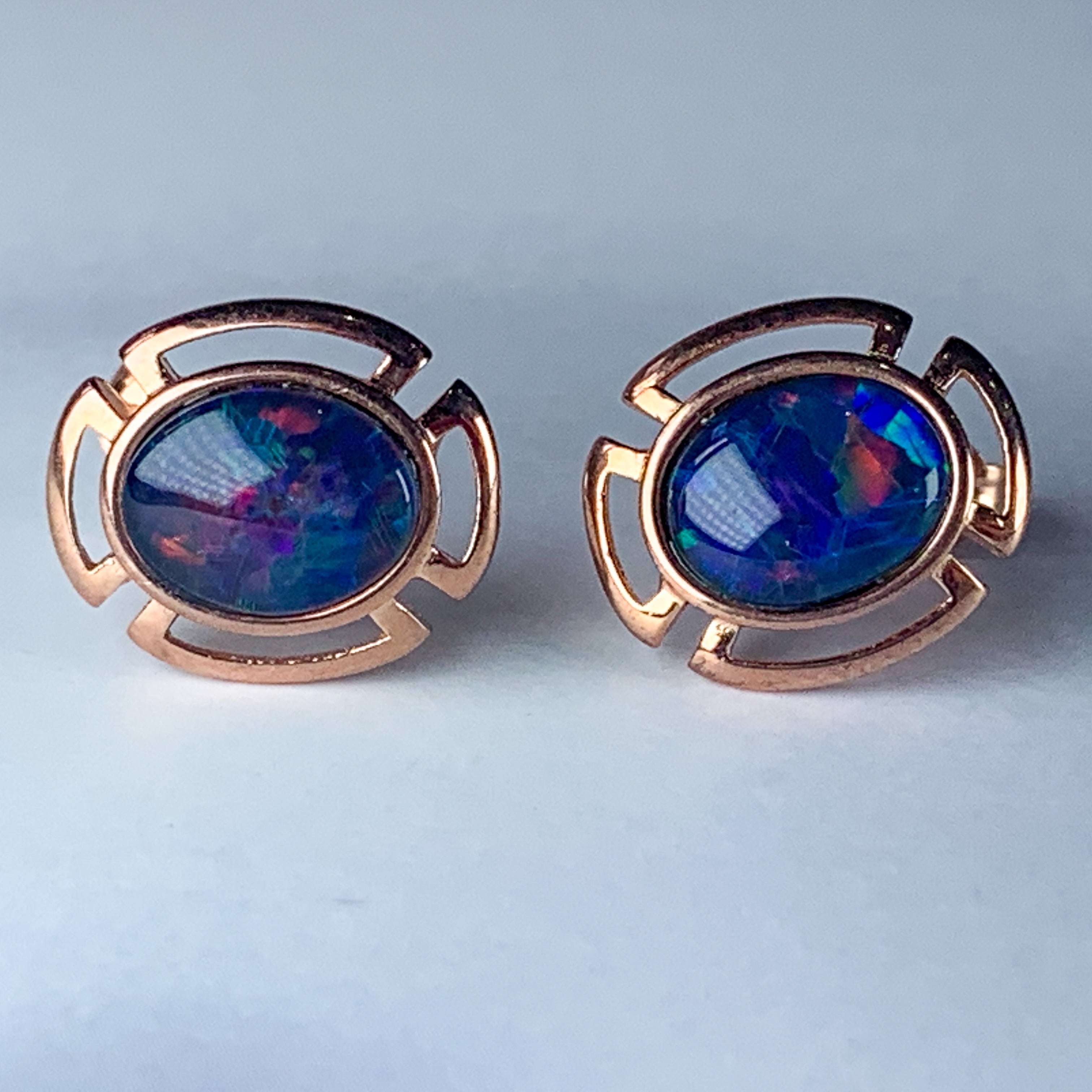 Rose Gold plated silver 9x7mm Opal triplet cut out design studs - Masterpiece Jewellery Opal & Gems Sydney Australia | Online Shop