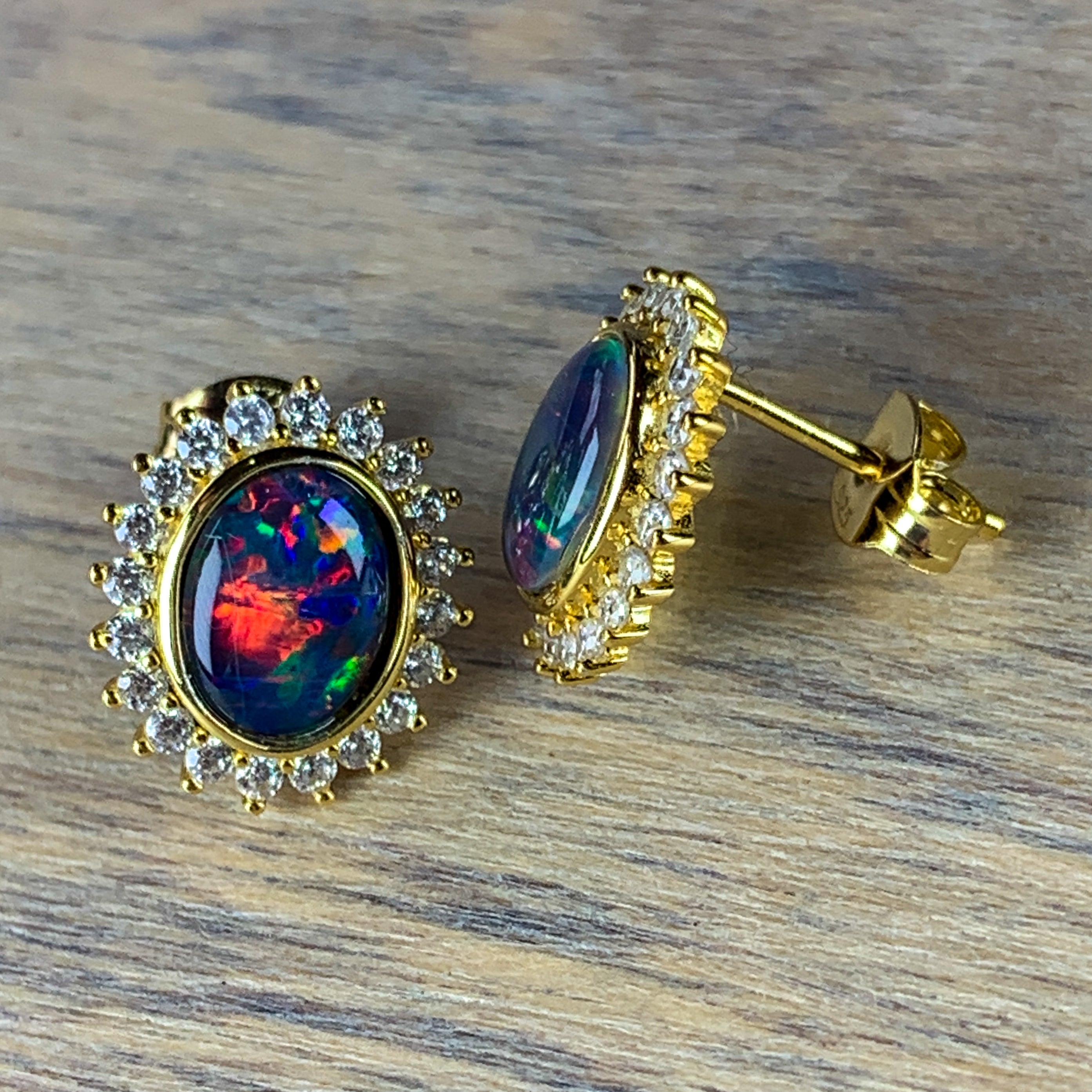 Gold plated 9x7mm Opal triplet halo stud earrings - Masterpiece Jewellery Opal & Gems Sydney Australia | Online Shop