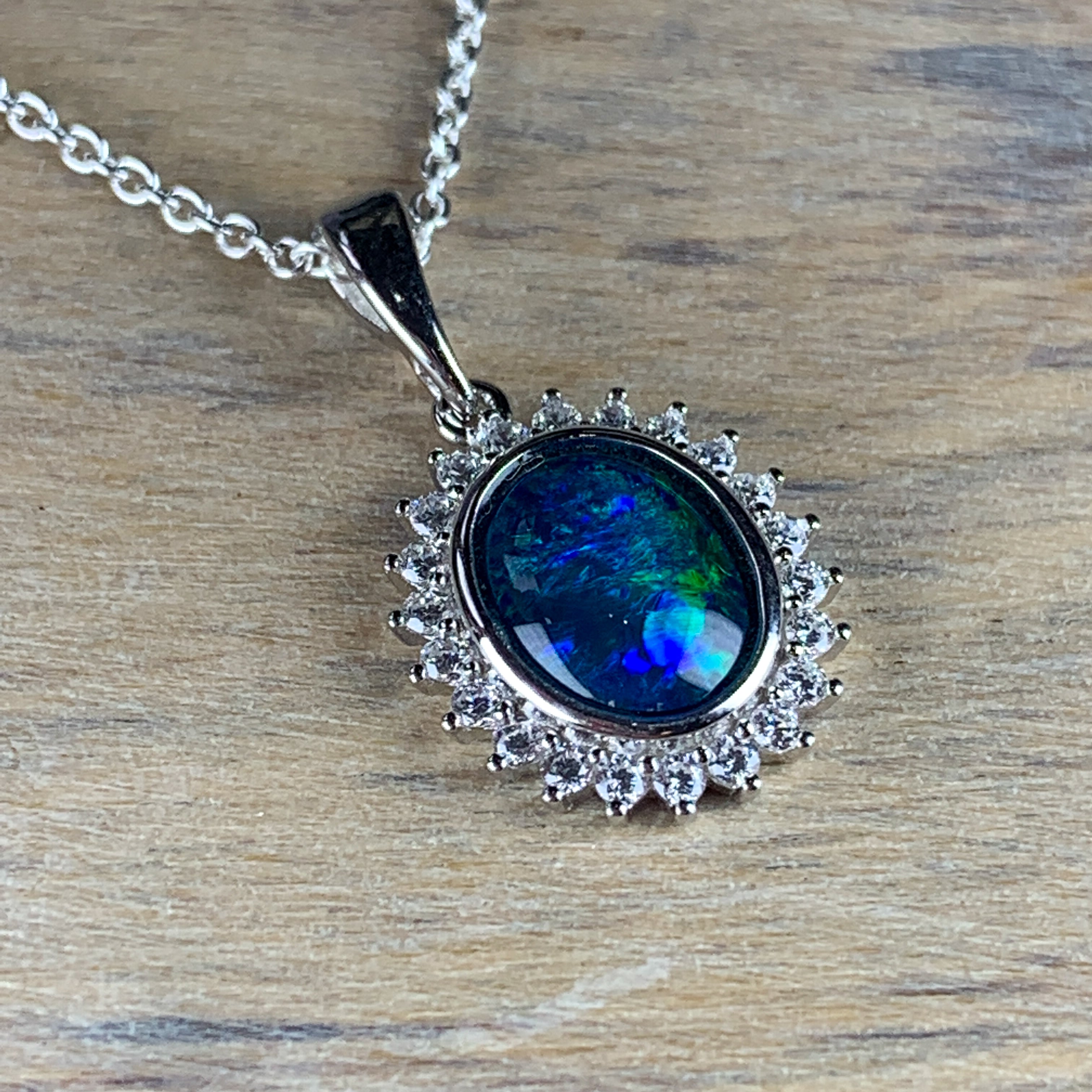 Sterling Silver 9x7mm Opal triplet halo necklace - Masterpiece Jewellery Opal & Gems Sydney Australia | Online Shop