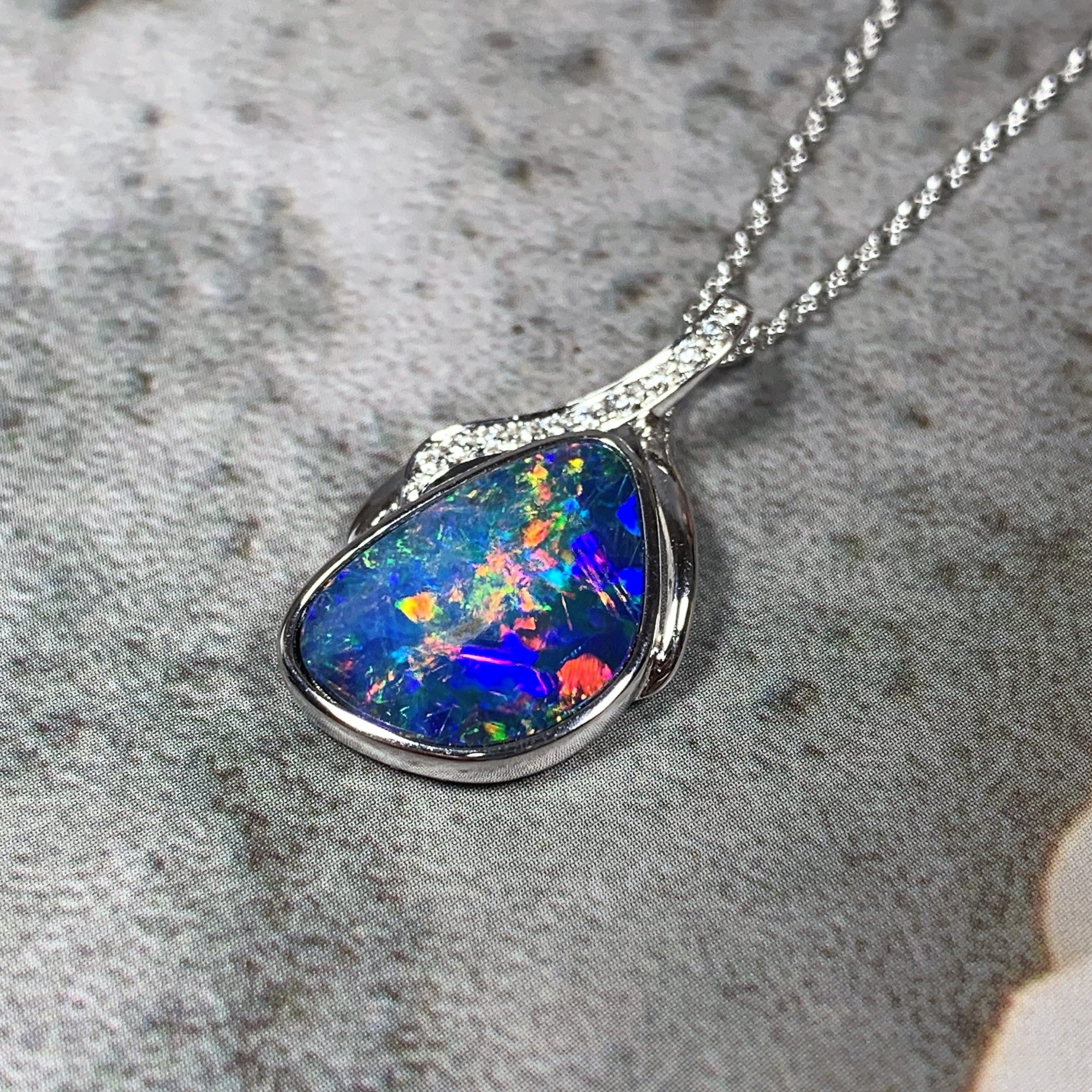 14kt White Gold Multi colour Opal 10x14mm and Diamond pendant - Masterpiece Jewellery Opal & Gems Sydney Australia | Online Shop